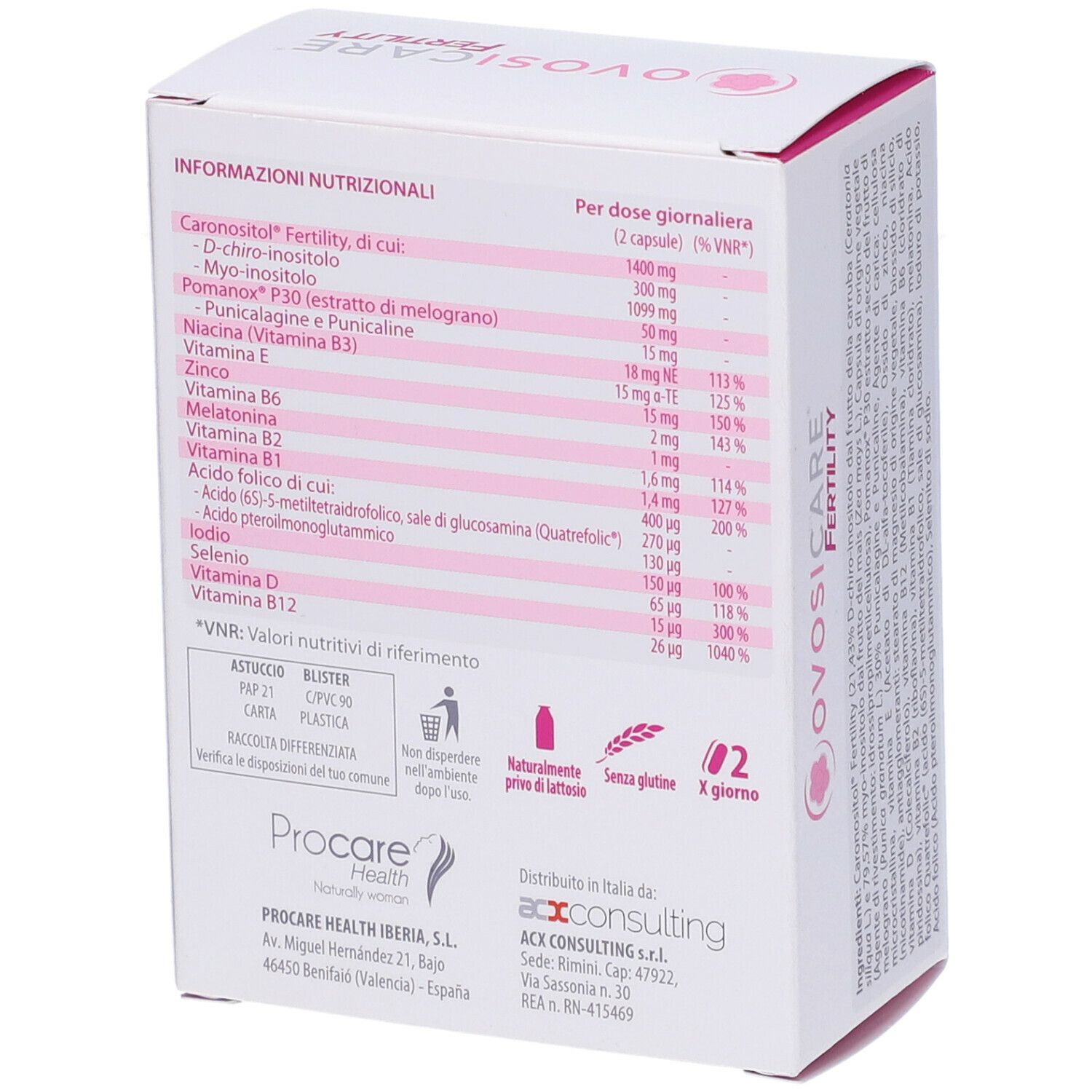 Scatola Ovosicare Fertility. Retro con informazioni nutrizionali. Contiene vitamine, minerali e valori nutrizionali.