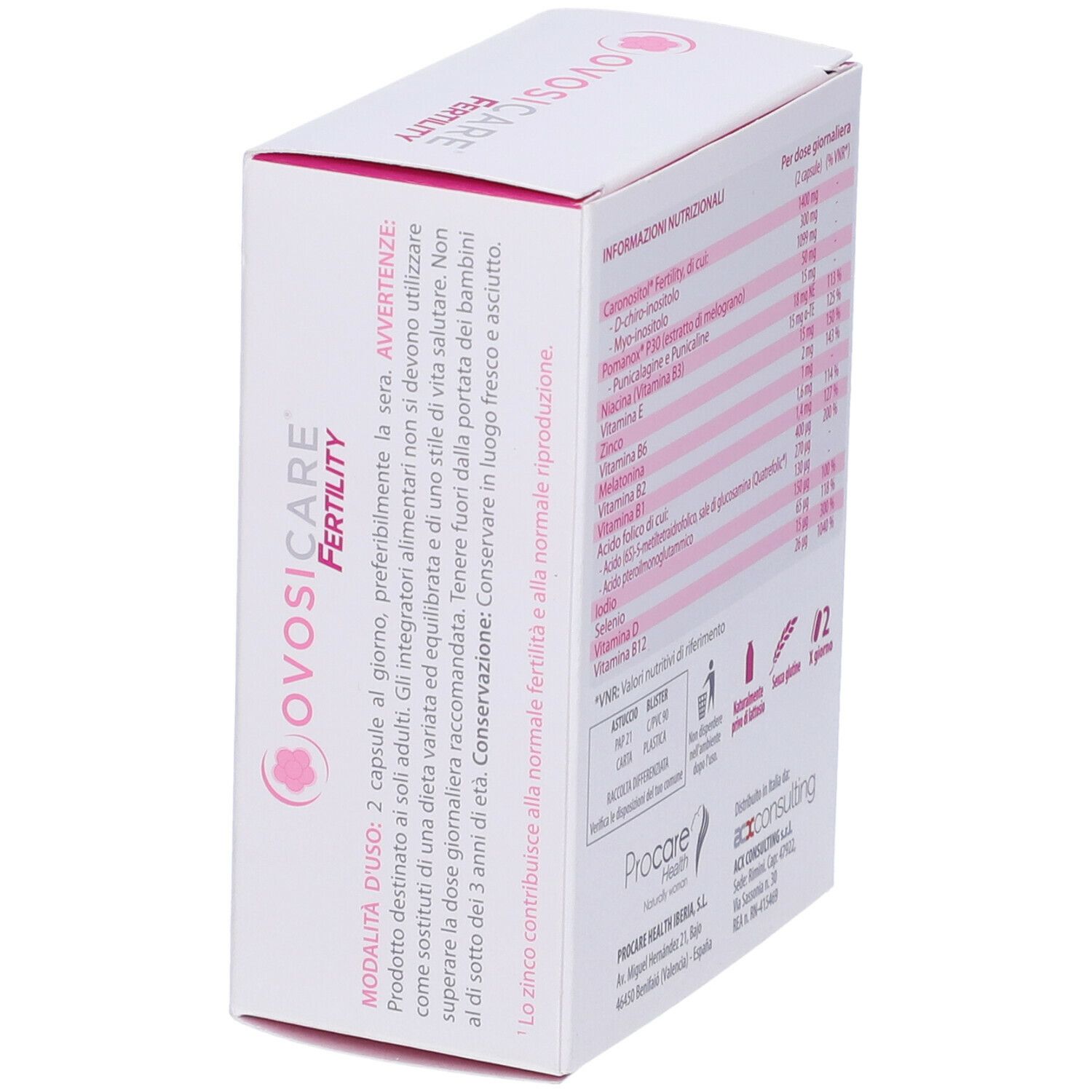 Scatola Ovosicare Fertility. Vista laterale con testo. Contiene informazioni d'uso e avvertenze.