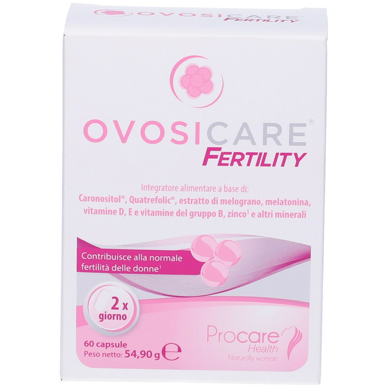 Scatola Ovosicare Fertility. Bianca con dettagli rosa. Contiene 60 capsule. Testo: 'Contribuice alla normale fertilità delle donne'.