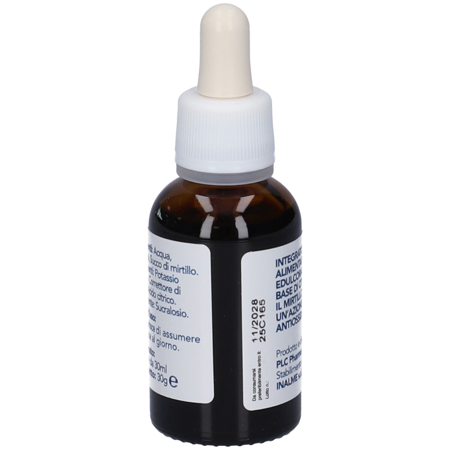 Flacone di vetro marrone con tappo bianco. Etichetta con ingredienti e data di scadenza.