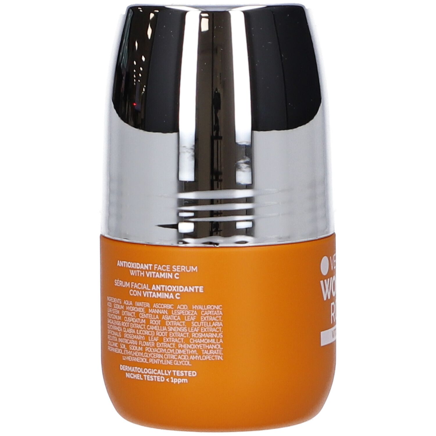 Retro del flacone. Testo: Siero viso antiossidante con vitamina C. Ingredienti e altre informazioni.