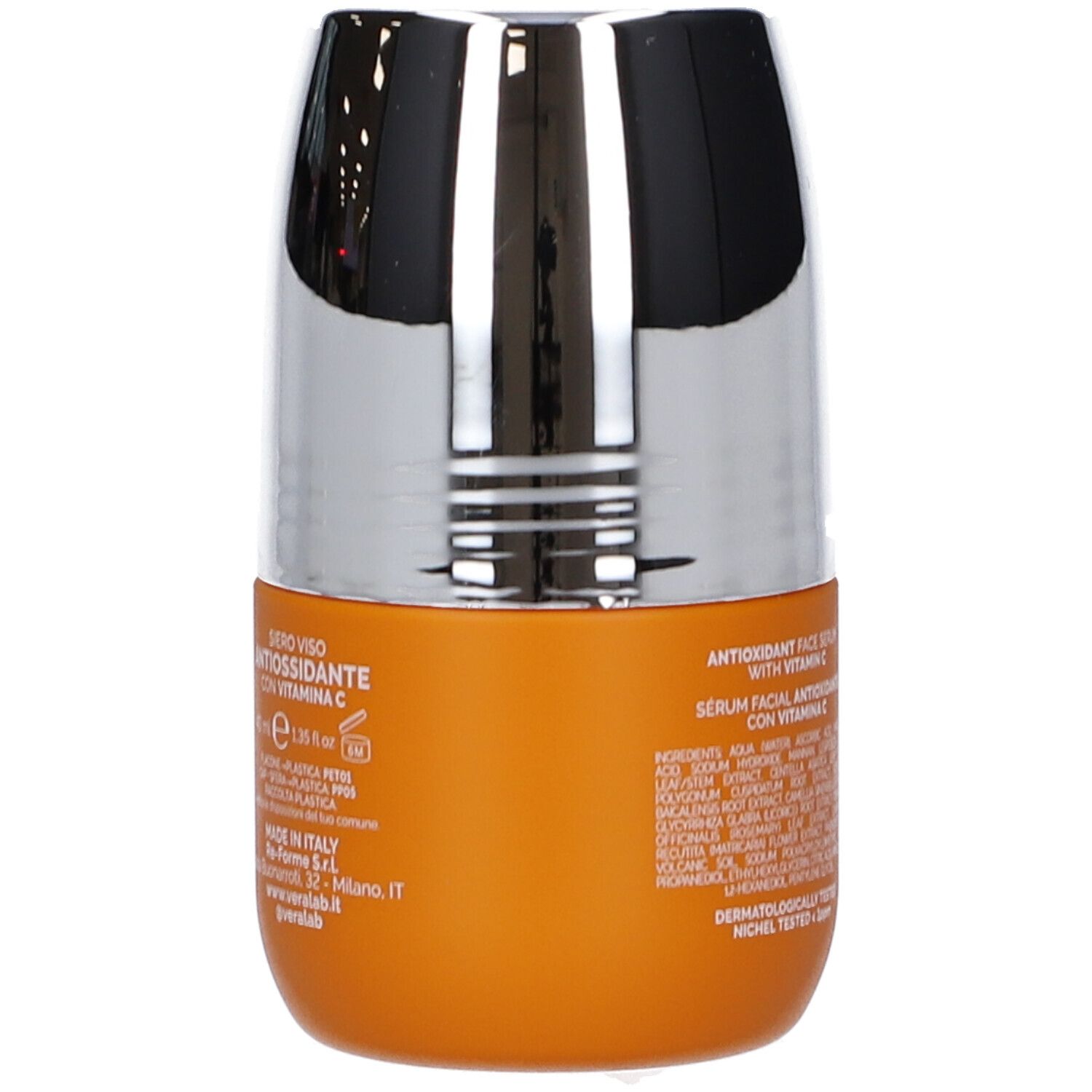 Retro del flacone. Testo: Siero Viso Antiossidante con Vitamina C. Ingredienti e informazioni produttore.