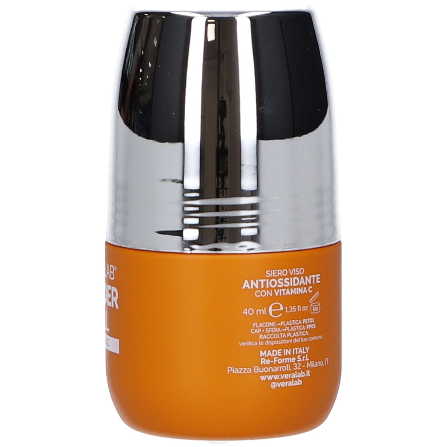Flacone arancione con tappo argentato. Testo: Siero Viso Antiossidante con Vitamina C. 40 ml.
