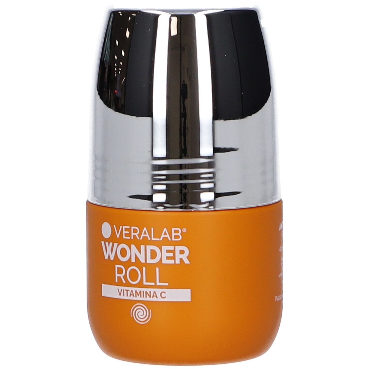 Flacone arancione con tappo argentato. Scritta Veralab Wonder Roll Vitamina C. Applicatore roll-on.