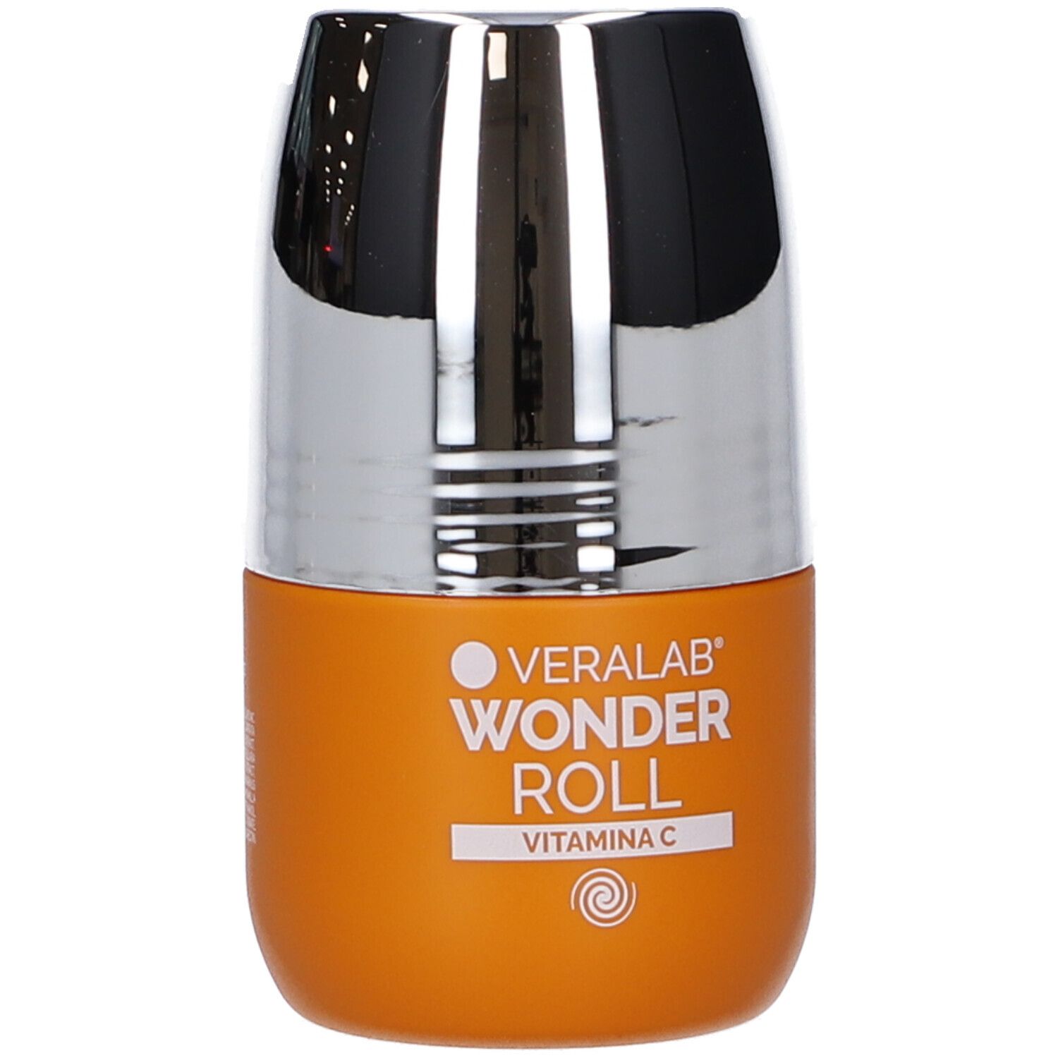 Flacone arancione con tappo argentato. Scritta Veralab Wonder Roll Vitamina C. Applicatore roll-on.