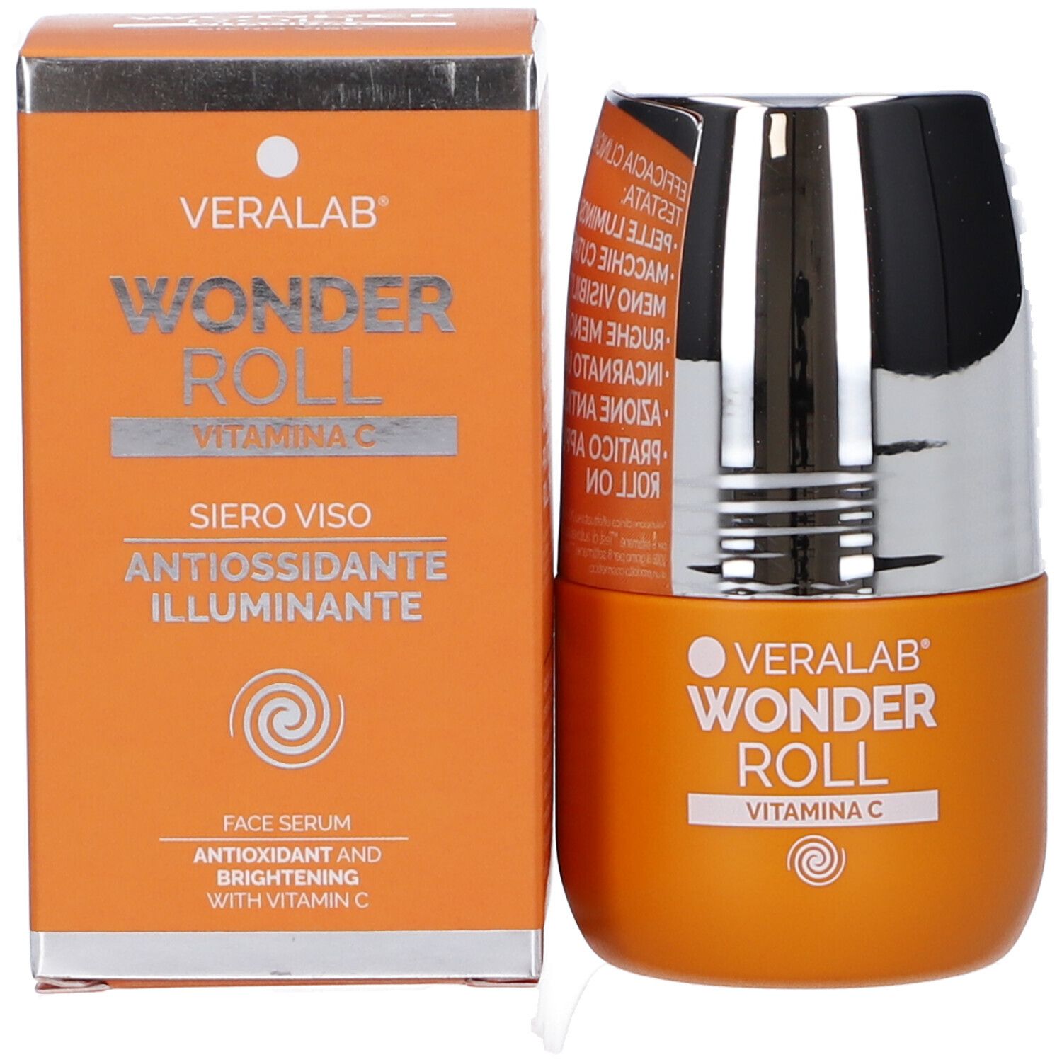 Confezione e flacone. Scritta: Veralab Wonder Roll Vitamina C. Siero Viso Antiossidante Illuminante.