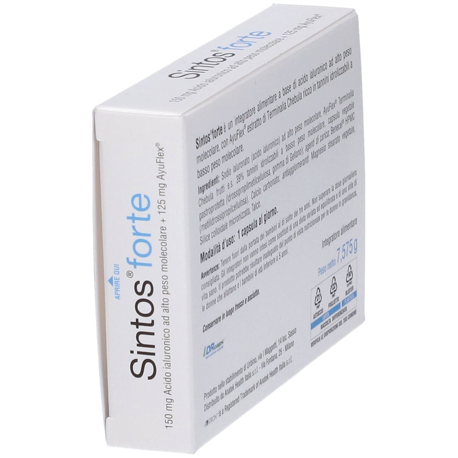 Scatola Sintos forte, bianca e blu. Scritto: Sintos forte, 15 capsule. Vista laterale.