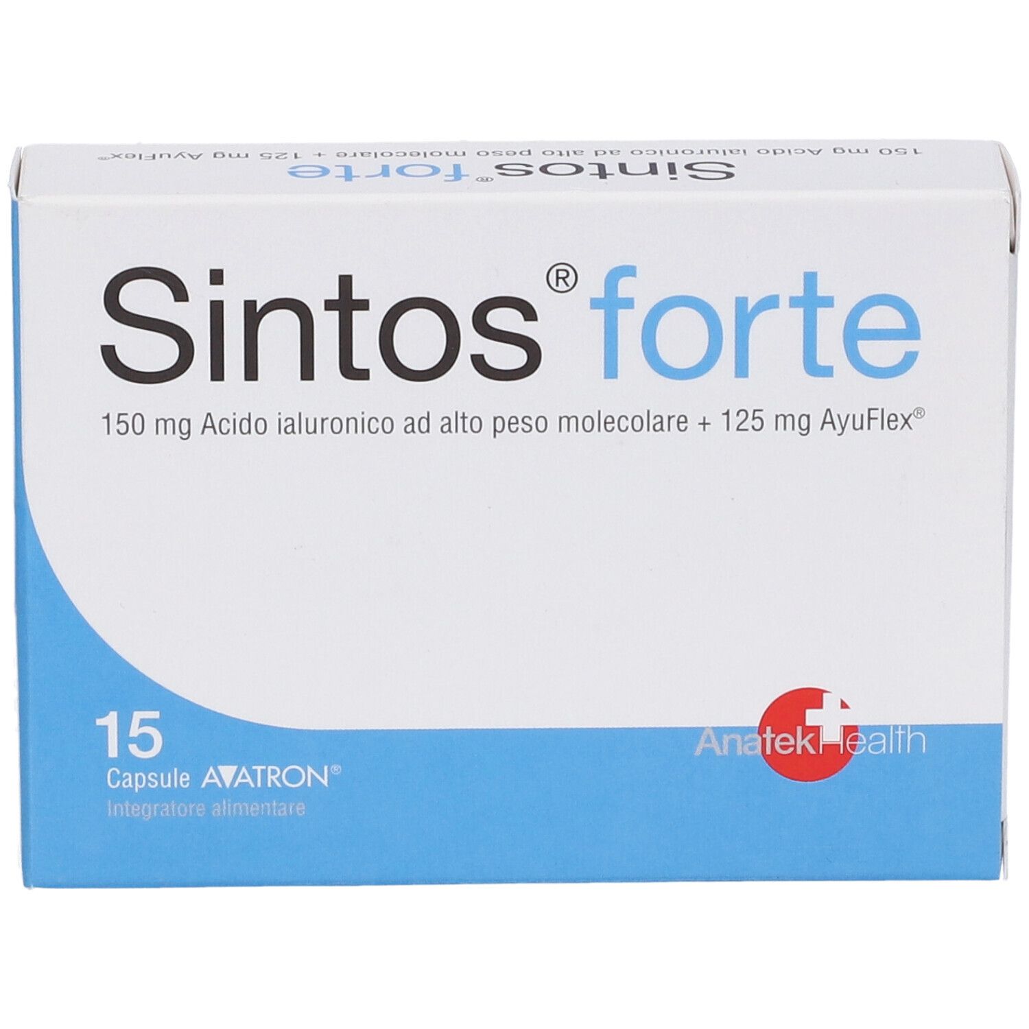 Scatola bianca con testo blu. Scritto: Sintos forte, 150 mg acido ialuronico, 15 capsule. Logo: Anatek Health.