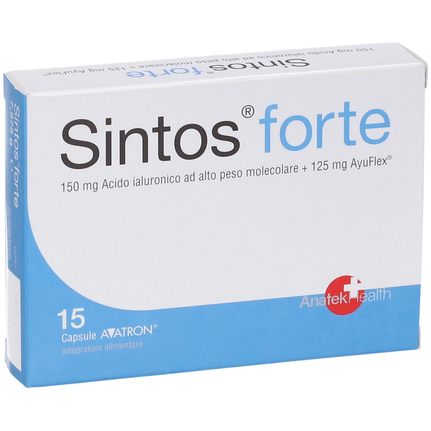 Scatola bianca con testo blu. Scritto: Sintos forte, 150 mg acido ialuronico, 15 capsule. Logo: Anatek Health.