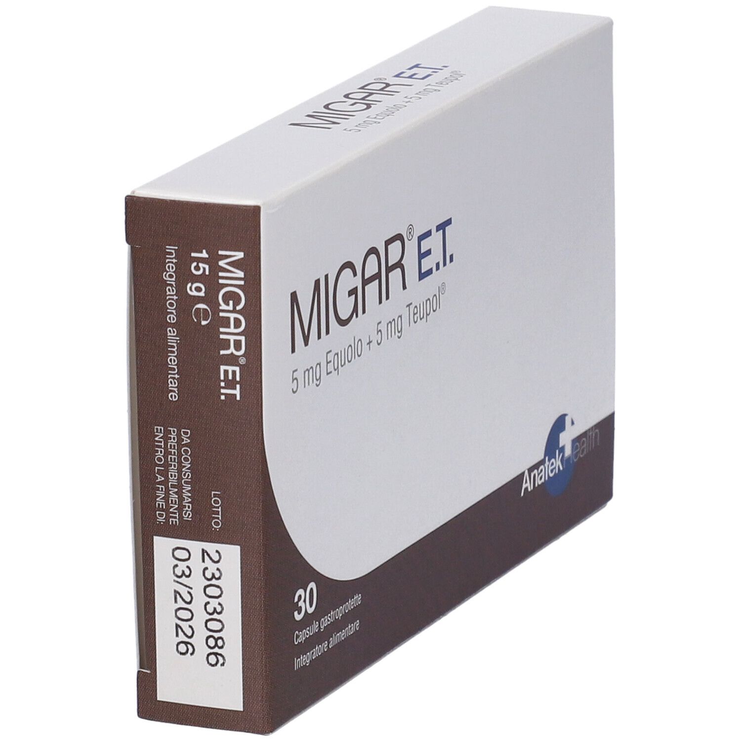 Scatola "MIGAR E.T." con 30 capsule. Contiene 5 mg Equolo e 5 mg Teupol. Scadenza 03/2026.