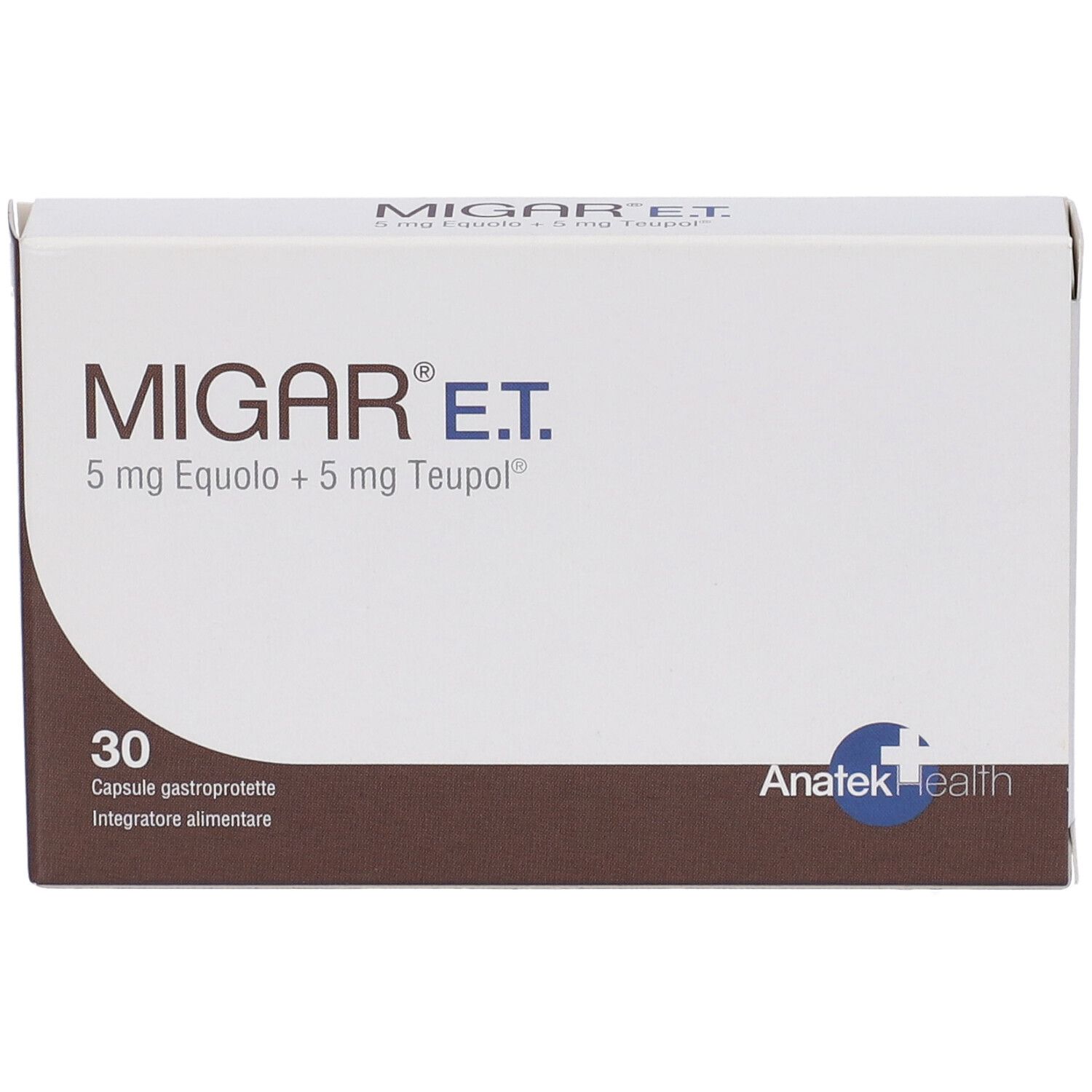 Scatola "MIGAR E.T." con 30 capsule. Contiene 5 mg Equolo e 5 mg Teupol. Marchio Anatek Health.