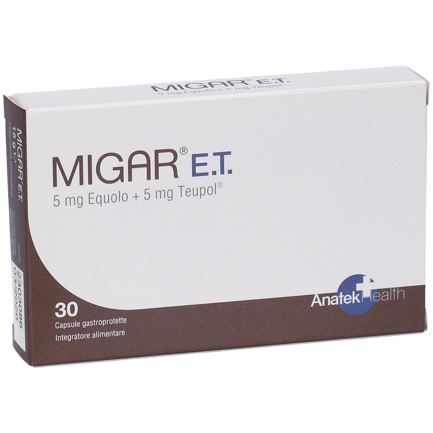 Scatola "MIGAR E.T." con 30 capsule. Contiene 5 mg Equolo e 5 mg Teupol. Marchio Anatek Health.