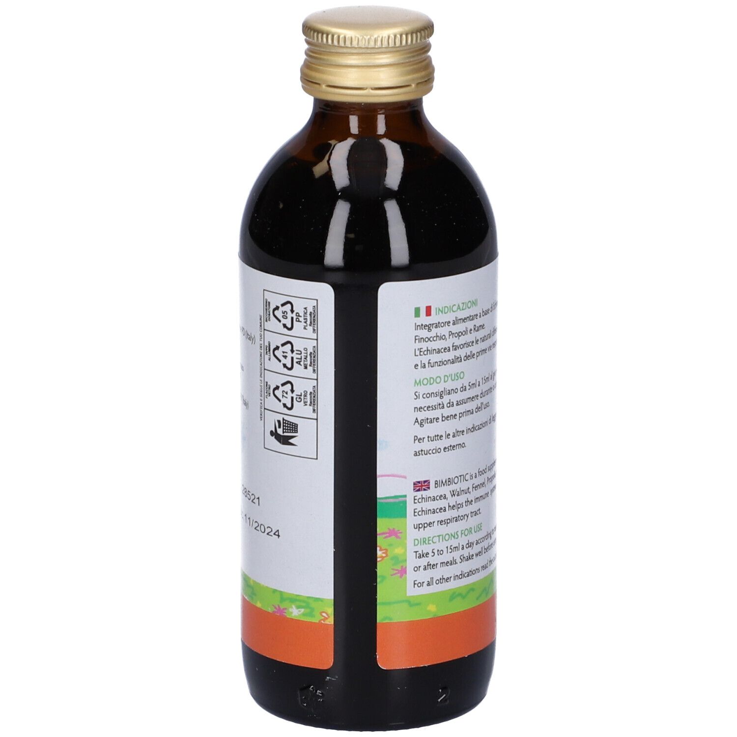 Bottiglia di vetro marrone con tappo dorato. Etichetta con informazioni sul prodotto. Contiene istruzioni e ingredienti.