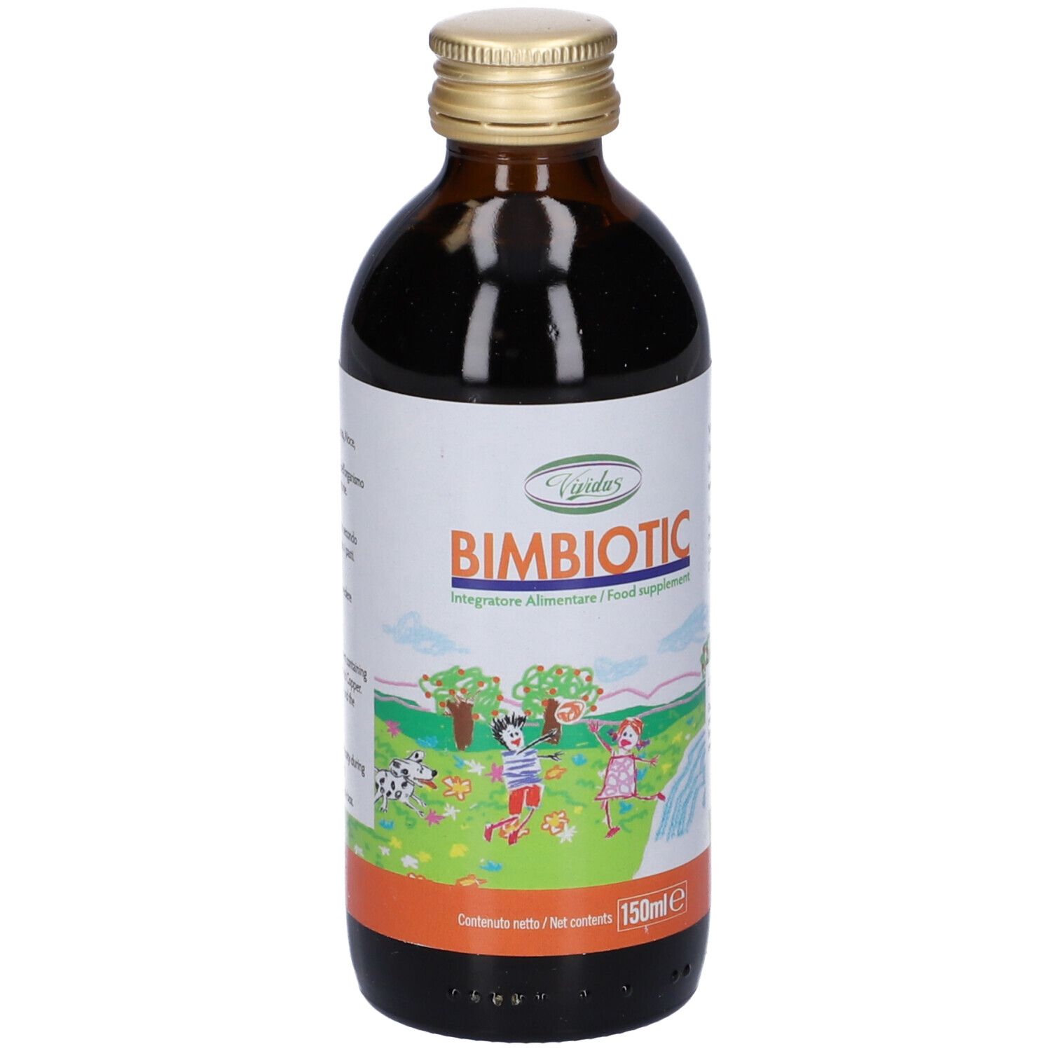 Bottiglia di vetro marrone con tappo dorato. Etichetta con nome BIMBIOTIC e illustrazione di bambini. 150ml.