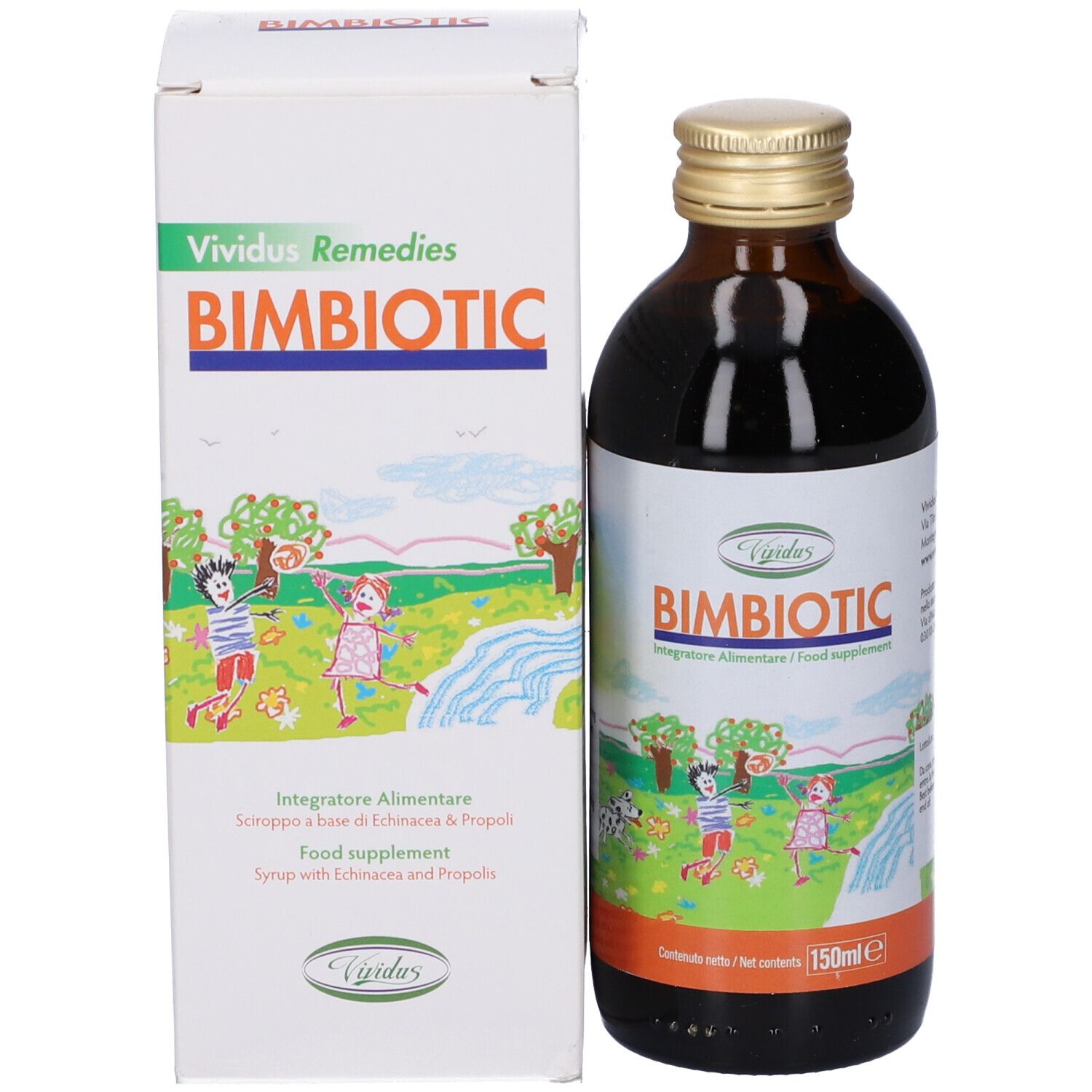 Bottiglia di vetro marrone con tappo dorato accanto a confezione bianca. Confezione con nome BIMBIOTIC e illustrazione.
