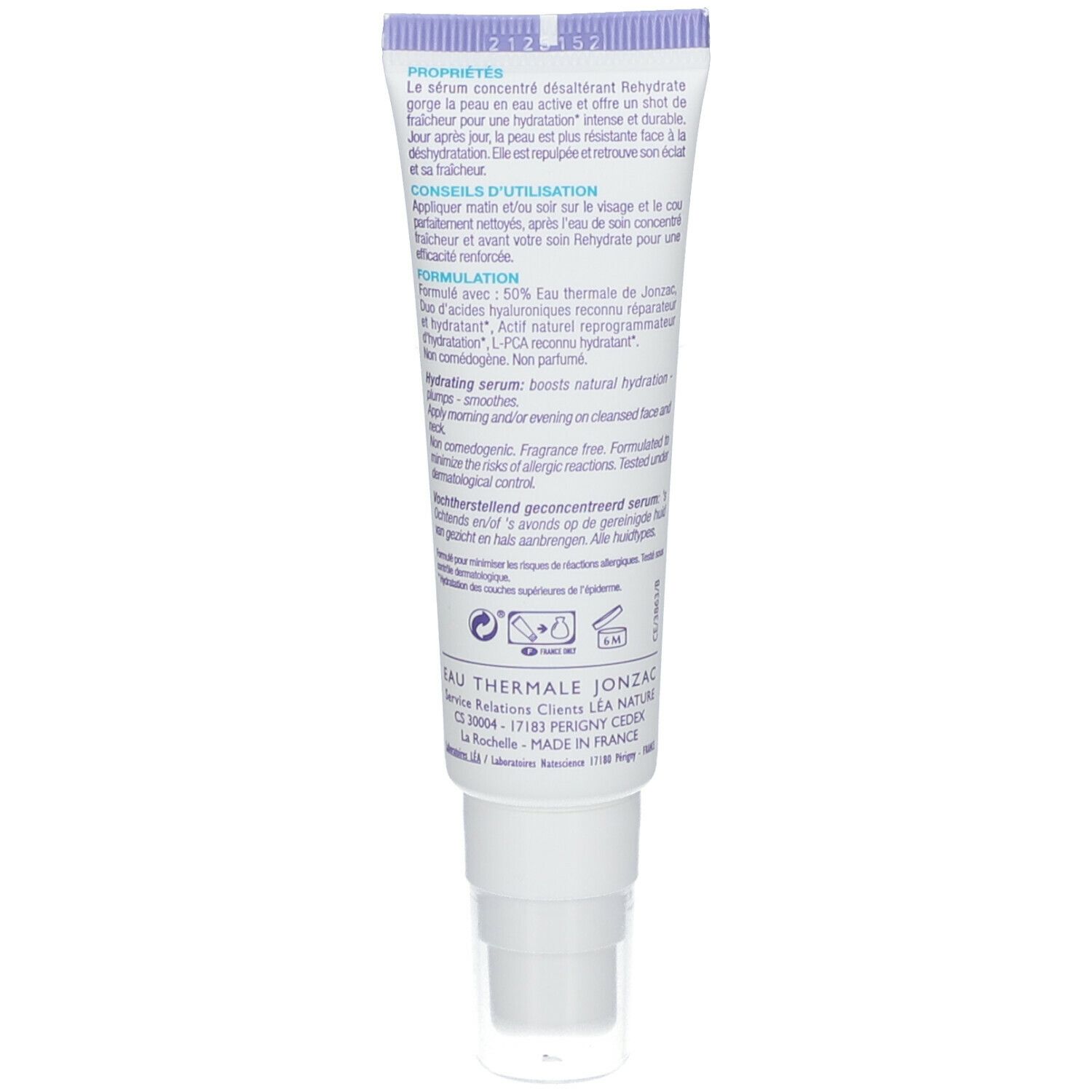 Retro del tubo. EAU THERMALE JONZAC Rehydrate Hydrating Serum. Ingredienti, consigli d'uso. Prodotto in Francia.