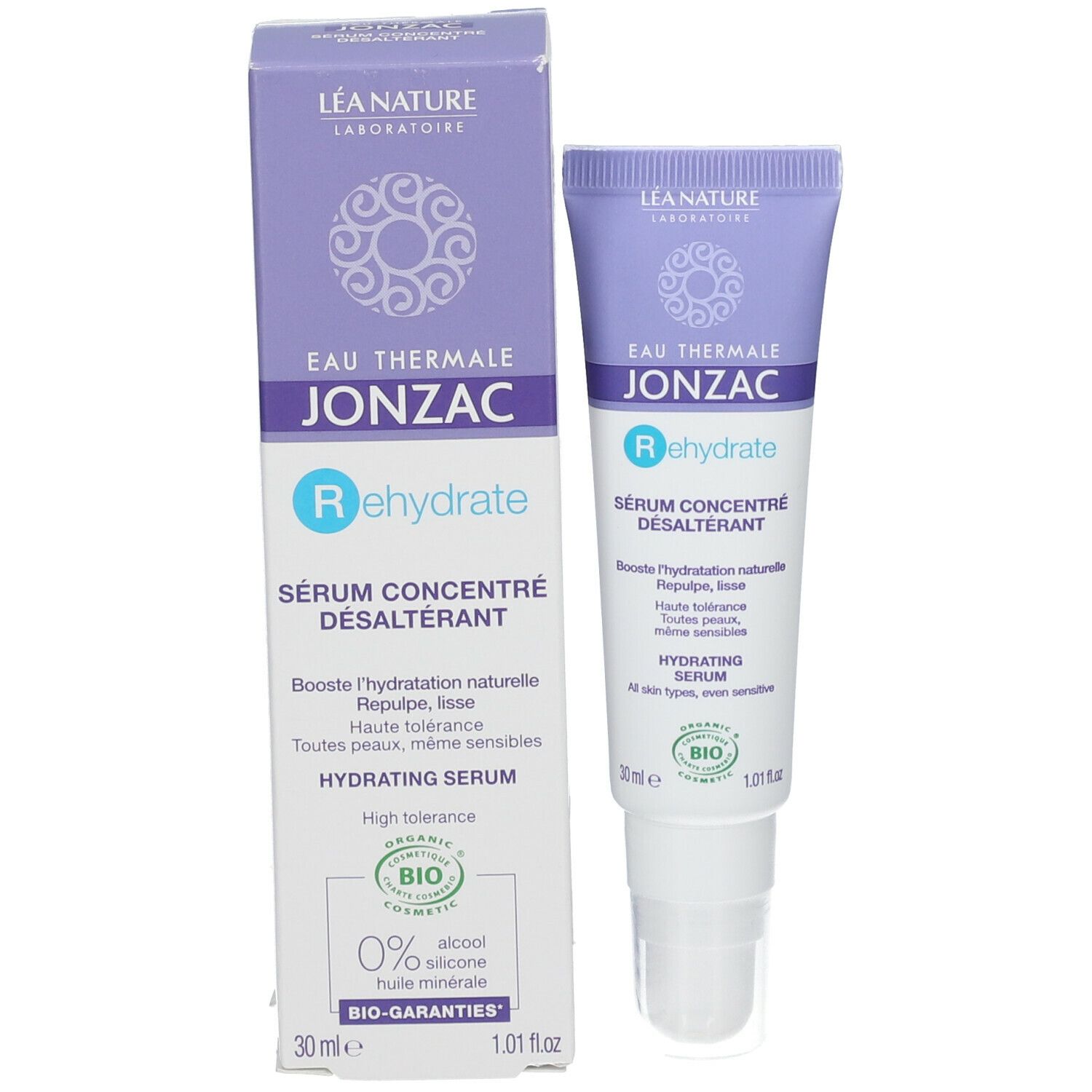 Prodotto e confezione. EAU THERMALE JONZAC Rehydrate Hydrating Serum. 30 ml. Certificazione Bio. 0% alcool, silicone, olio minerale.