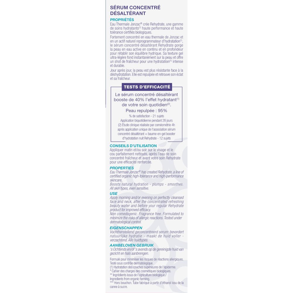 Informazioni sul prodotto. EAU THERMALE JONZAC Rehydrate Hydrating Serum. Proprietà, consigli d'uso, ingredienti. Testo multilingue.