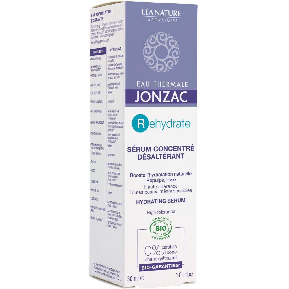 Prodotto e confezione. EAU THERMALE JONZAC Rehydrate Hydrating Serum. 30 ml. Certificazione Bio. 0% alcool, silicone, olio minerale.