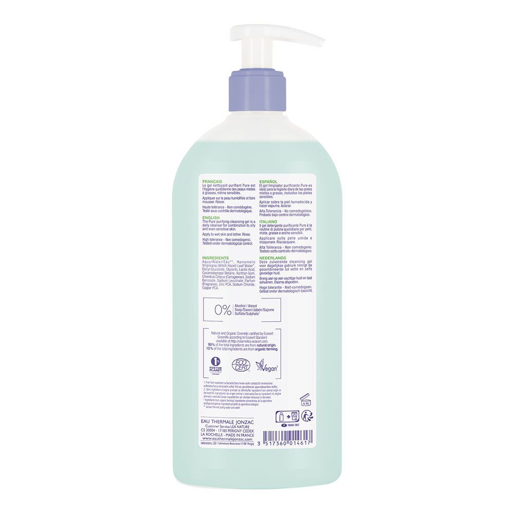 Retro del flacone con testo e loghi. Contiene informazioni sugli ingredienti e certificazioni. Colori verde e bianco.