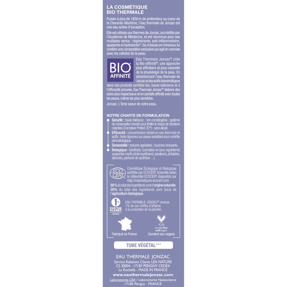 Retro della confezione. Testo: La Cosmétique Bio Thermale, Bio Affinité, Charte de formulation, Tube végétal. Certificazioni.