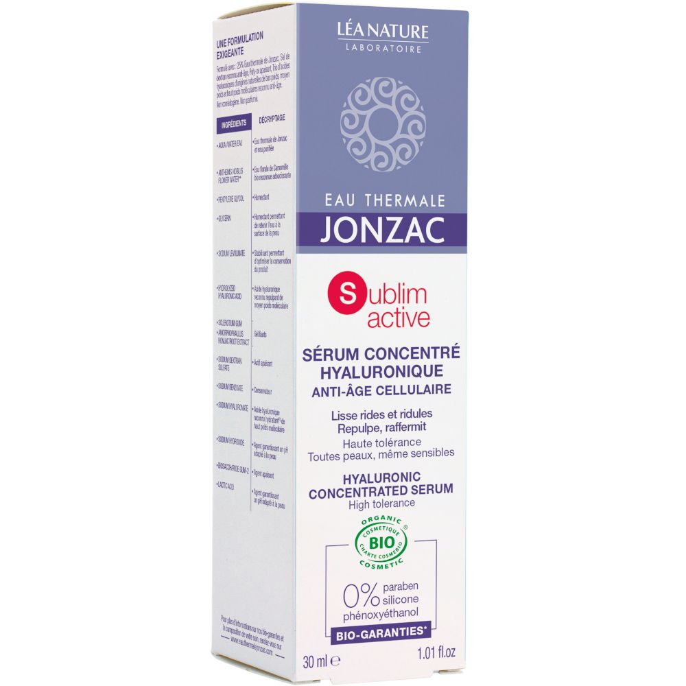 Confezione del prodotto. Tubo e scatola. Testo: EAU THERMALE JONZAC, Sublim active, Sérum concentré hyaluronique anti-âge cellulaire. 30ml.