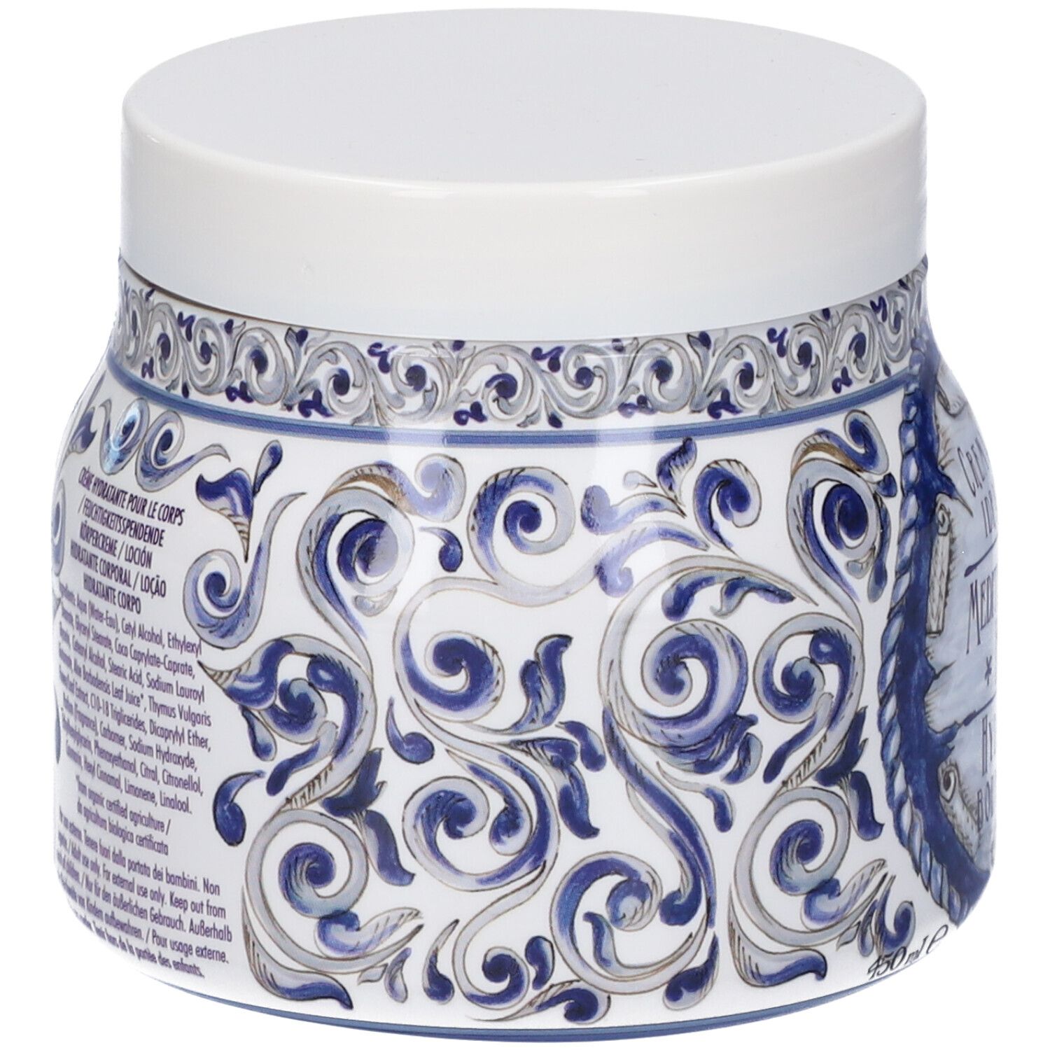 Retro di un vaso bianco con motivo blu e bianco. Contiene ingredienti e istruzioni per l'uso.
