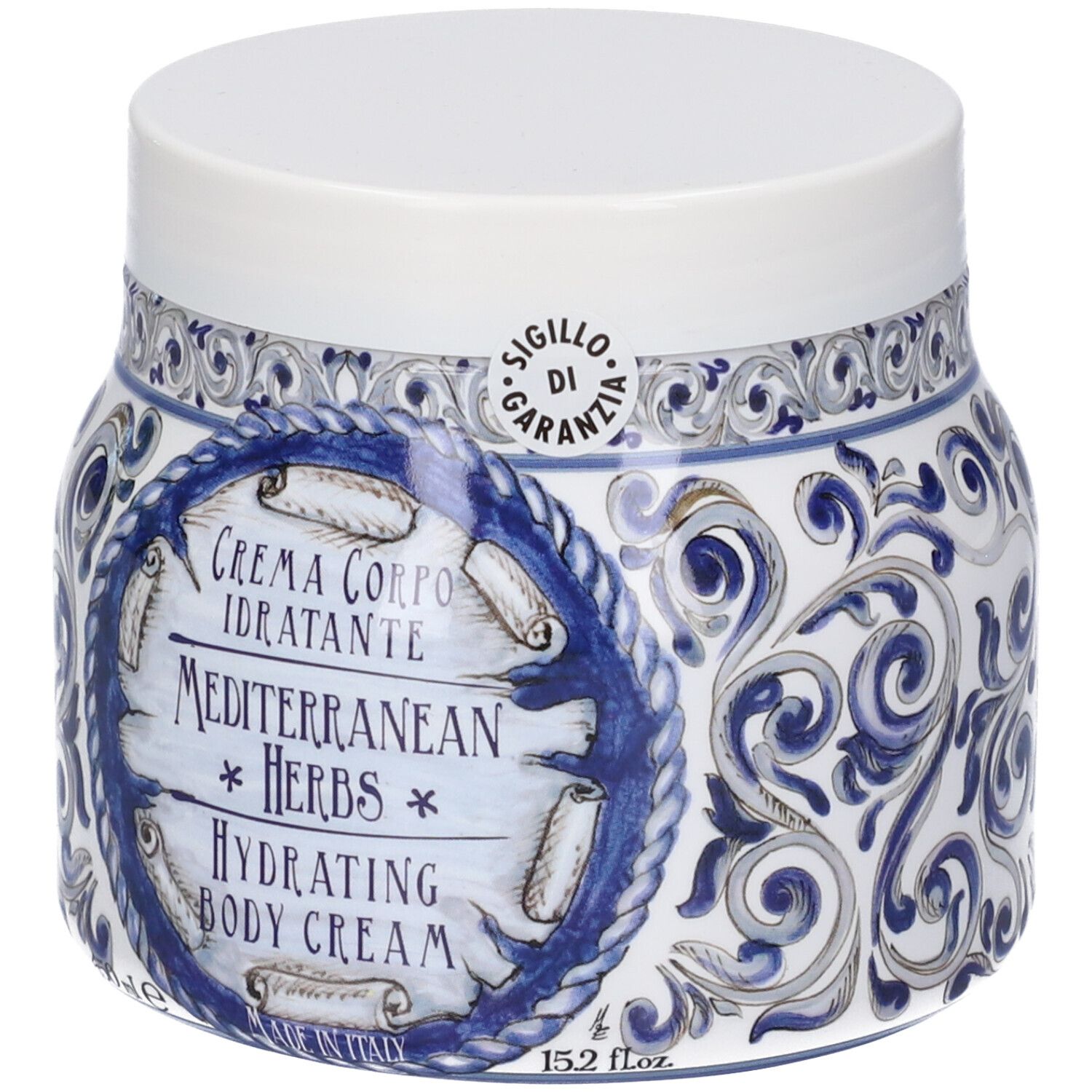 Vaso bianco con motivo blu e bianco, 450ml, 15.2 fl oz. Crema corpo idratante.