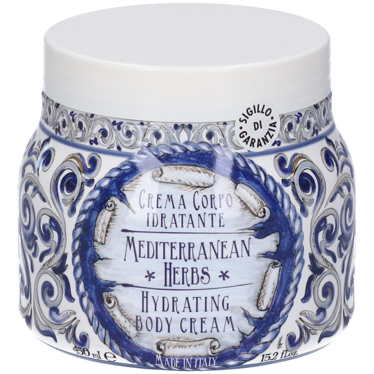 Vaso bianco con motivo blu e bianco, 450ml, 15.2 fl oz. Crema corpo idratante.