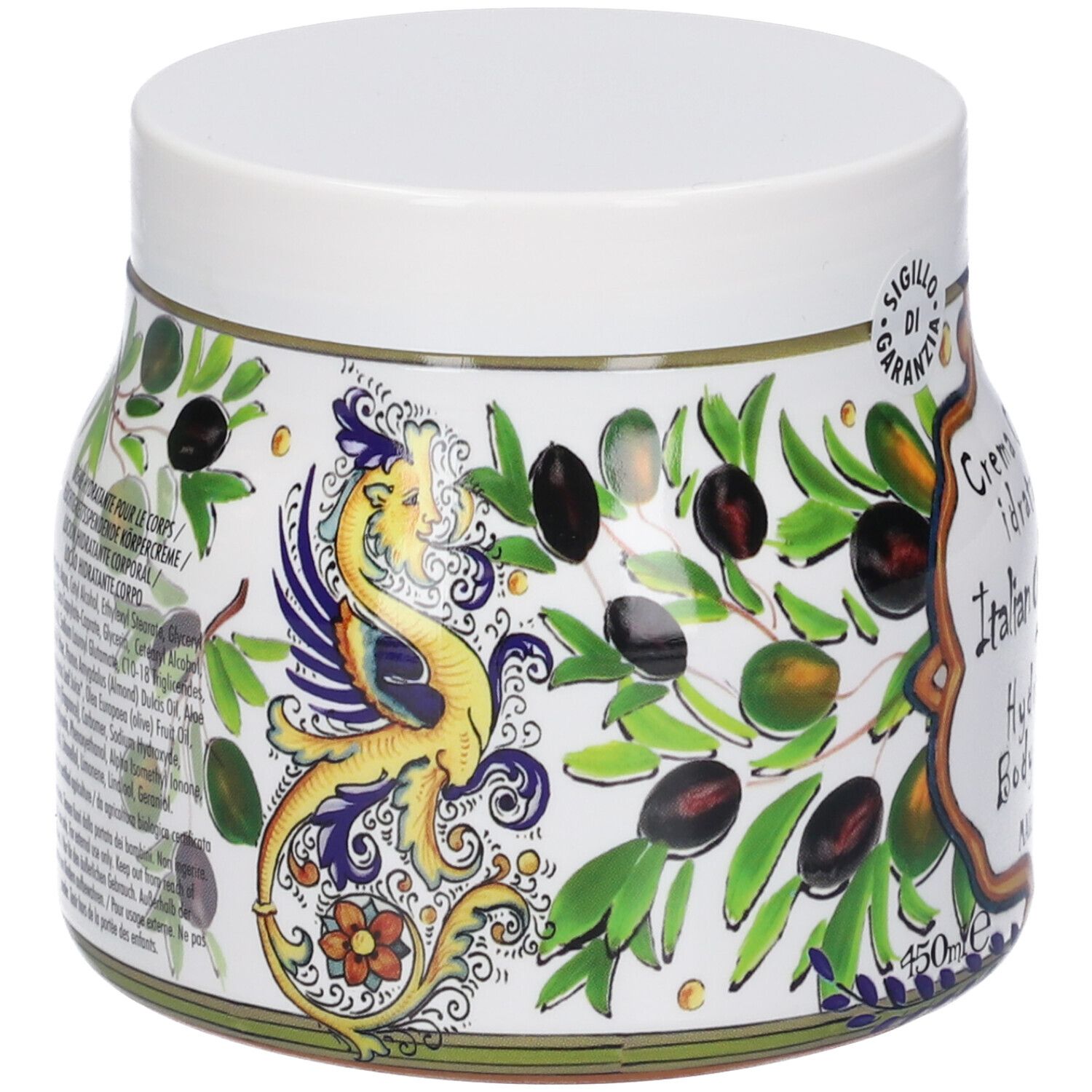 Vasetto bianco con decoro di ulivi e creatura mitologica, scritta "Crema Corpo idratante Italian Olive Oil Hydrating Body cream".