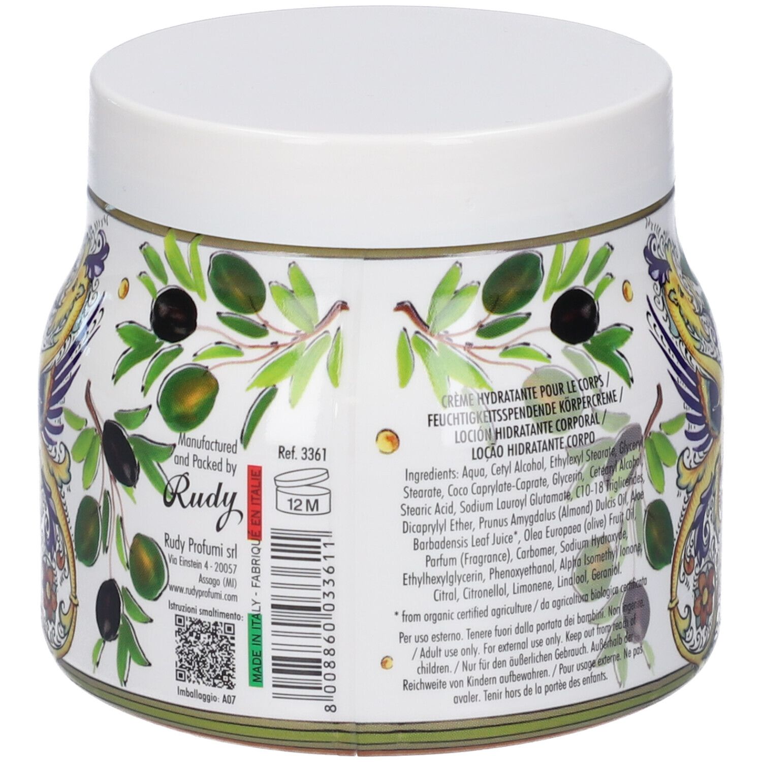 Retro di un vasetto con decoro di ulivi, informazioni del produttore e ingredienti.