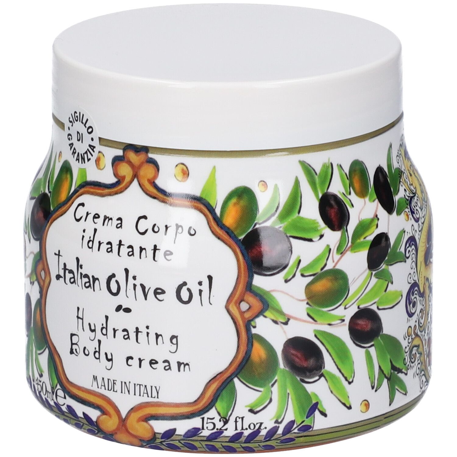 Vasetto bianco con decoro di ulivi, scritta "Crema Corpo idratante Italian Olive Oil Hydrating Body cream".