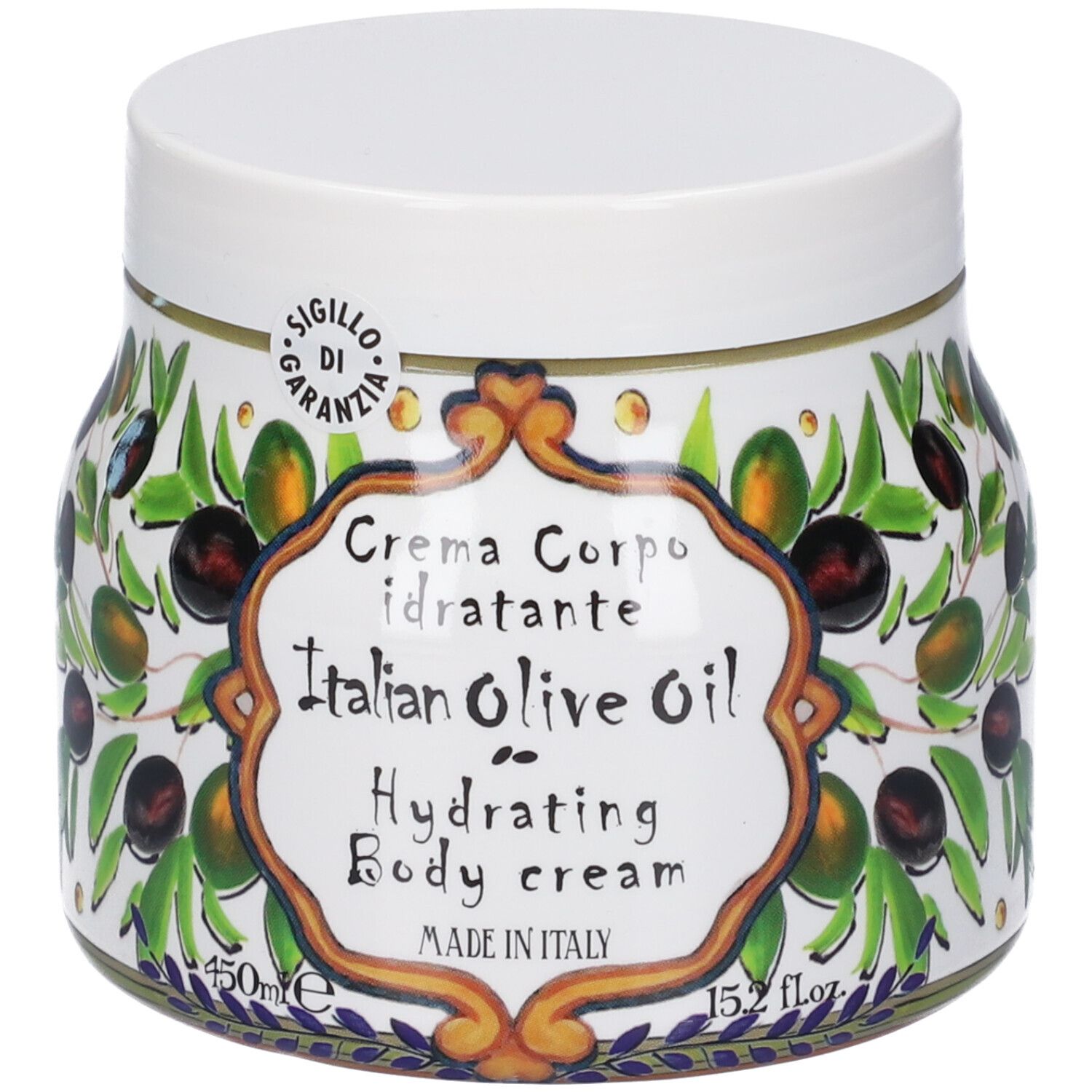 Vasetto bianco con decoro di ulivi, scritta "Crema Corpo idratante Italian Olive Oil Hydrating Body cream".