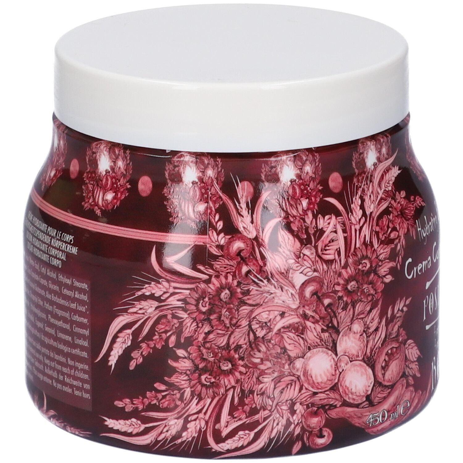 Retro di un barattolo di vetro di crema corpo idratante. Etichetta rossa con dettagliate illustrazioni floreali e testo.