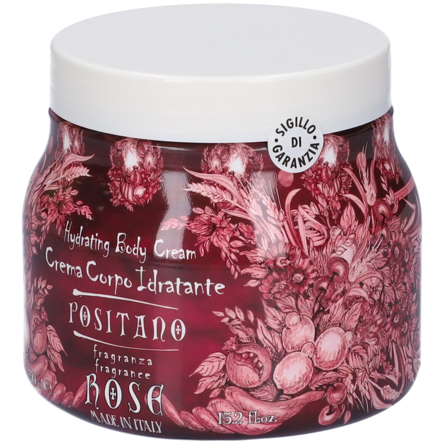 Crema corpo idratante in barattolo di vetro con tappo bianco. Etichetta rossa con decorazioni floreali e sigillo di garanzia.