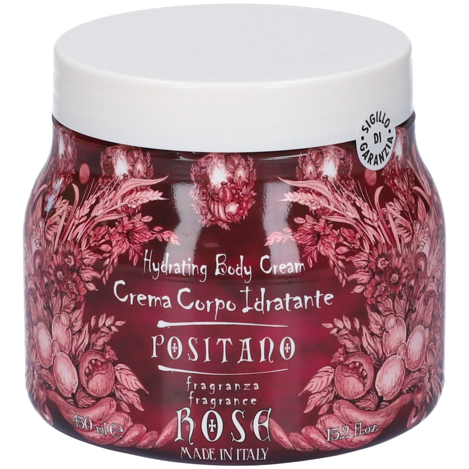 Crema corpo idratante in barattolo di vetro con tappo bianco. Etichetta rossa con decorazioni floreali, testo e sigillo.