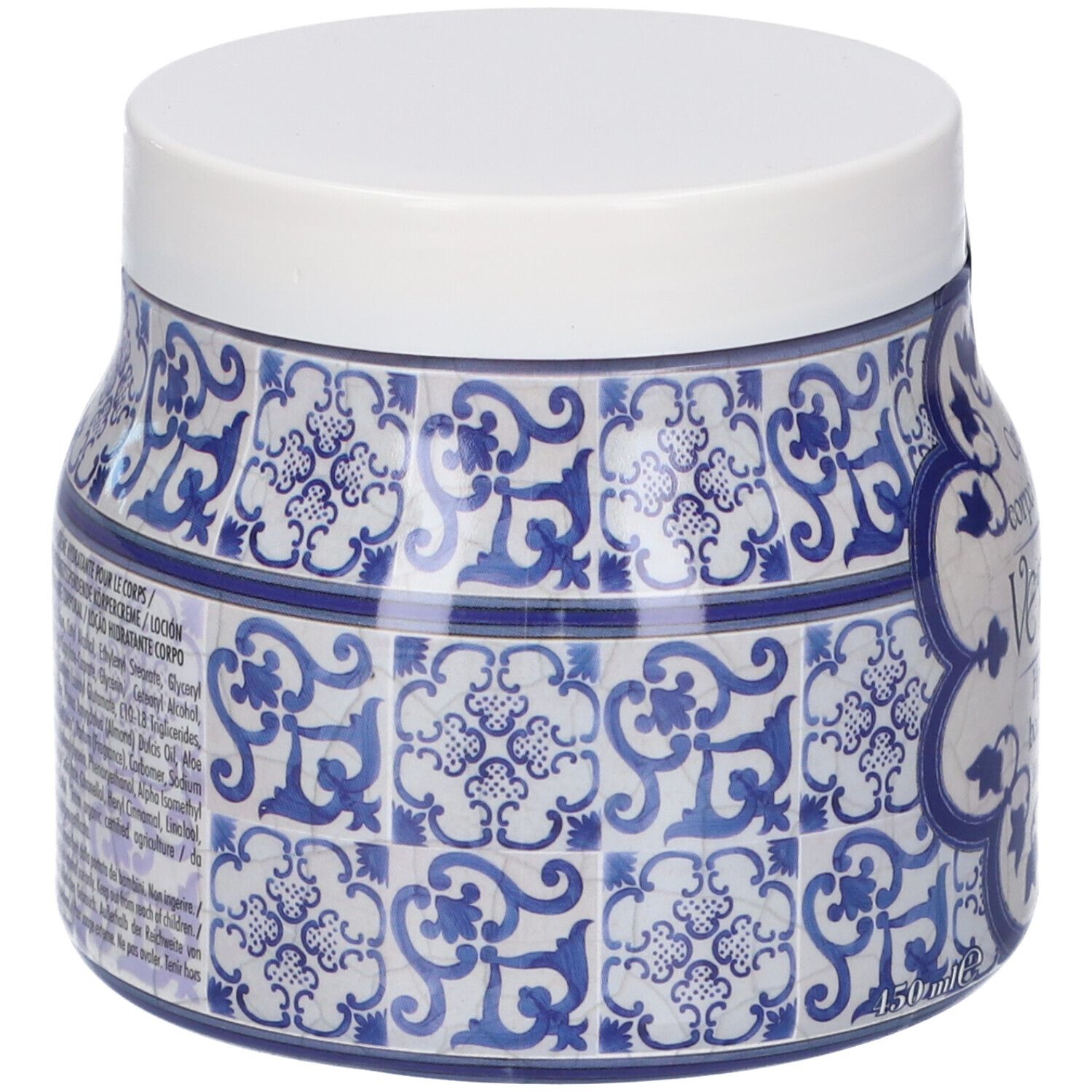 Retro di un barattolo di crema corpo con motivo in ceramica blu e bianco e coperchio bianco.