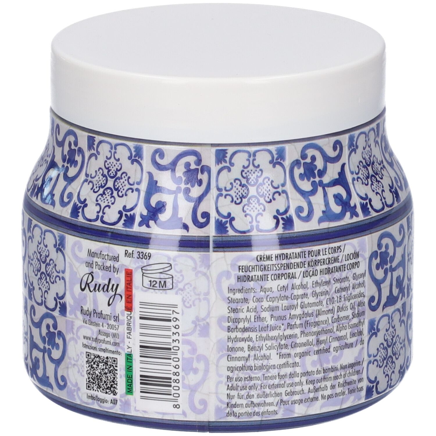 Retro di un barattolo di crema corpo con etichetta, codice a barre e informazioni del produttore.