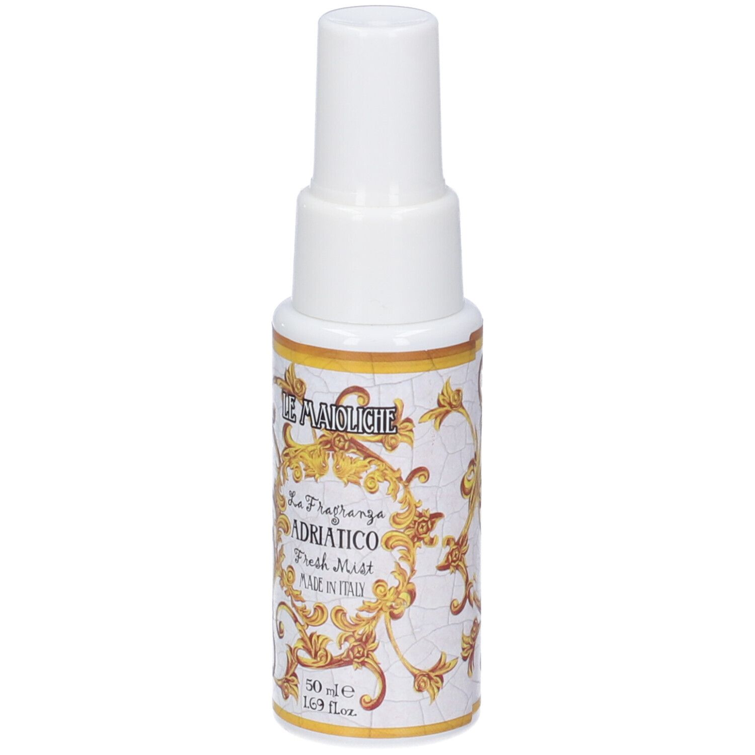 Flacone spray bianco con etichetta oro e bianca, scritta "La Fragranza ADRIATICO Fresh Mist" e "MADE IN ITALY".