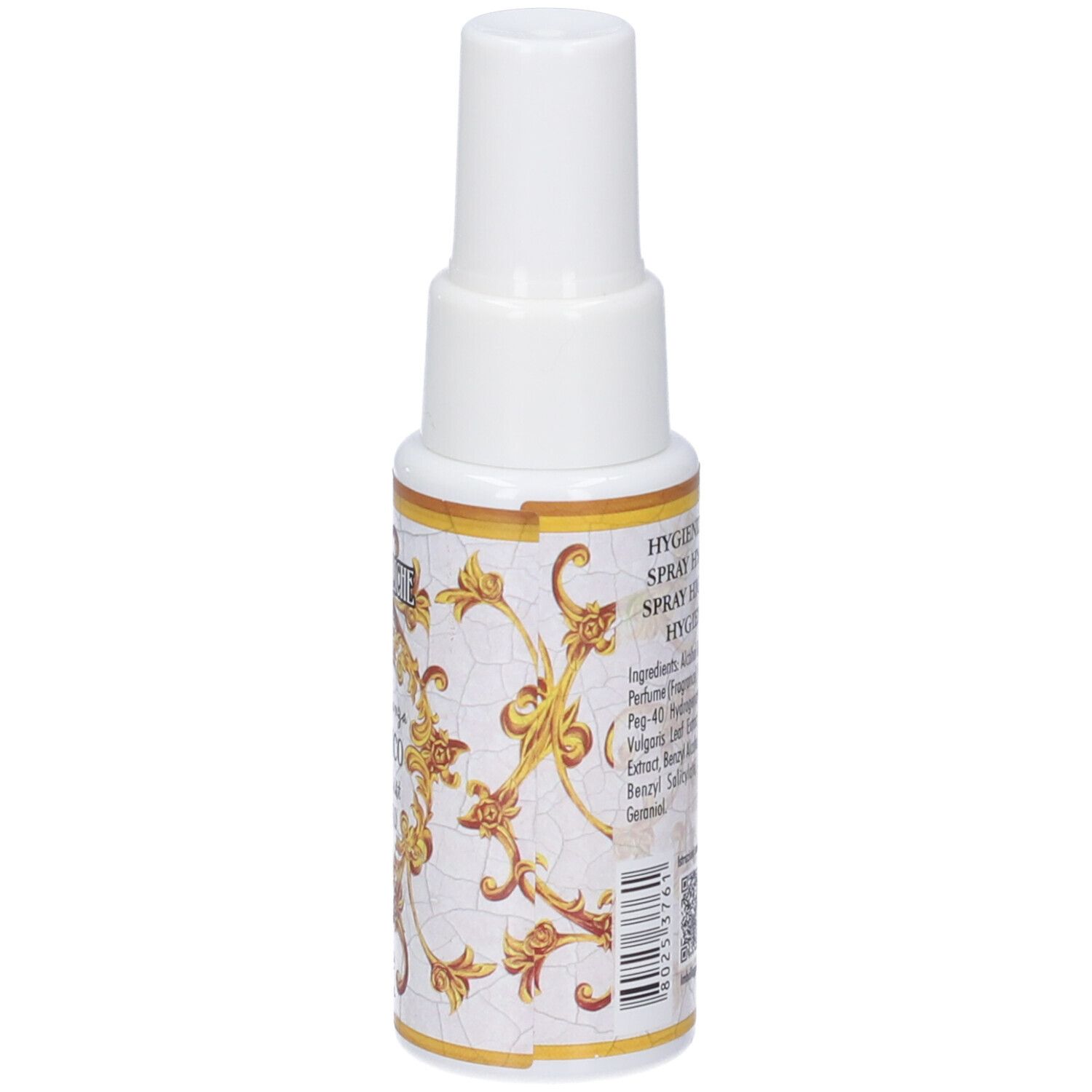 Vista laterale di un flacone spray bianco con etichetta oro e bianca, mostra ingredienti e informazioni sul prodotto.