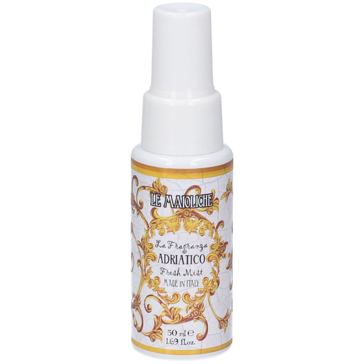 Flacone spray bianco con etichetta oro e bianca, scritta "La Fragranza ADRIATICO Fresh Mist" e "MADE IN ITALY".