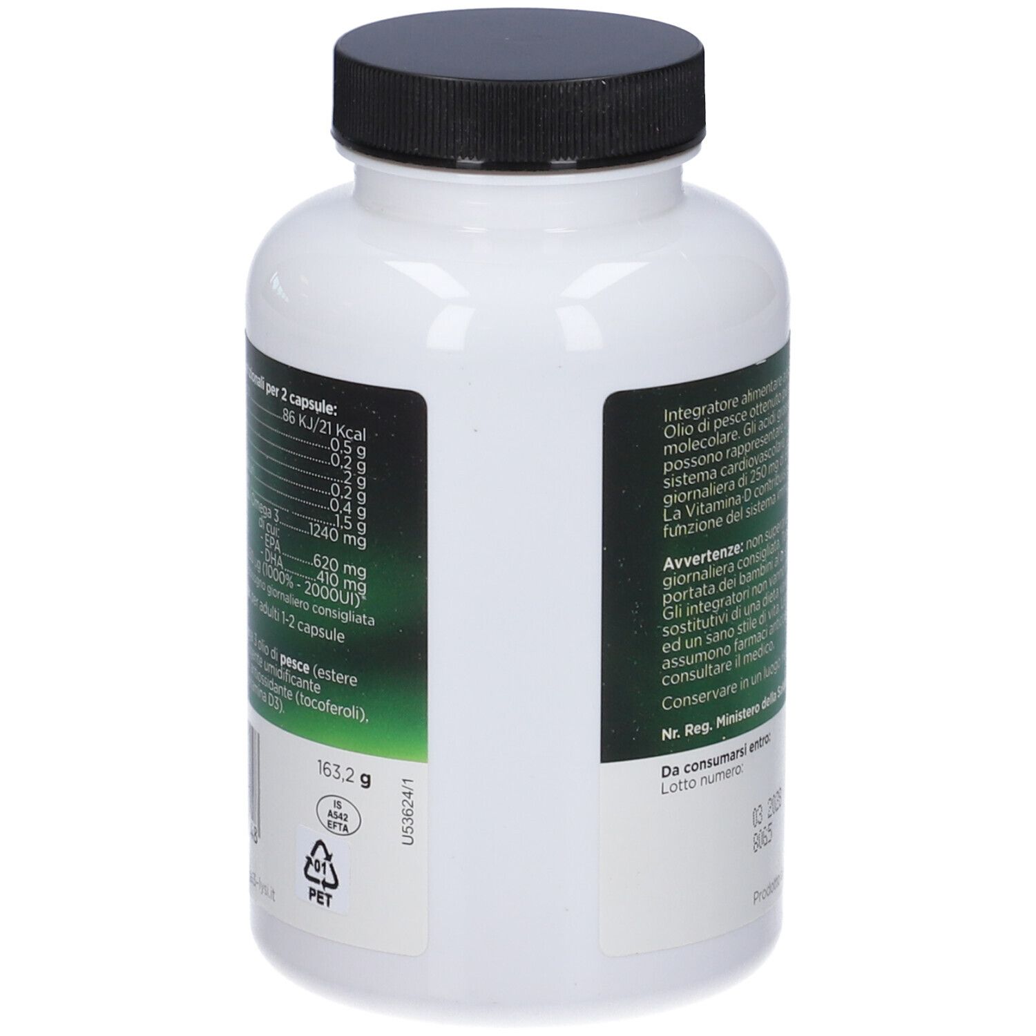 Flacone bianco con tappo nero. Retro con informazioni nutrizionali in italiano. Peso: 163,2 g.
