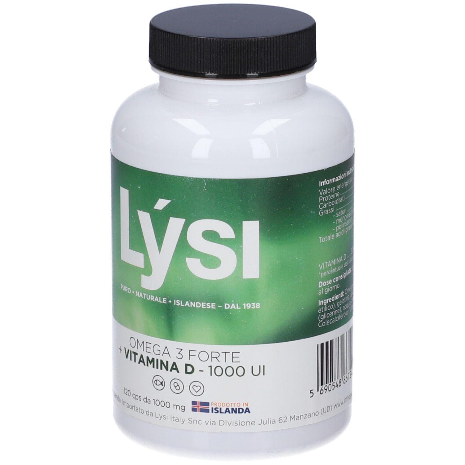 Flacone bianco con tappo nero. Scritta: Lysi Omega 3 Forte + Vitamina D - 1000 UI. 120 capsule.