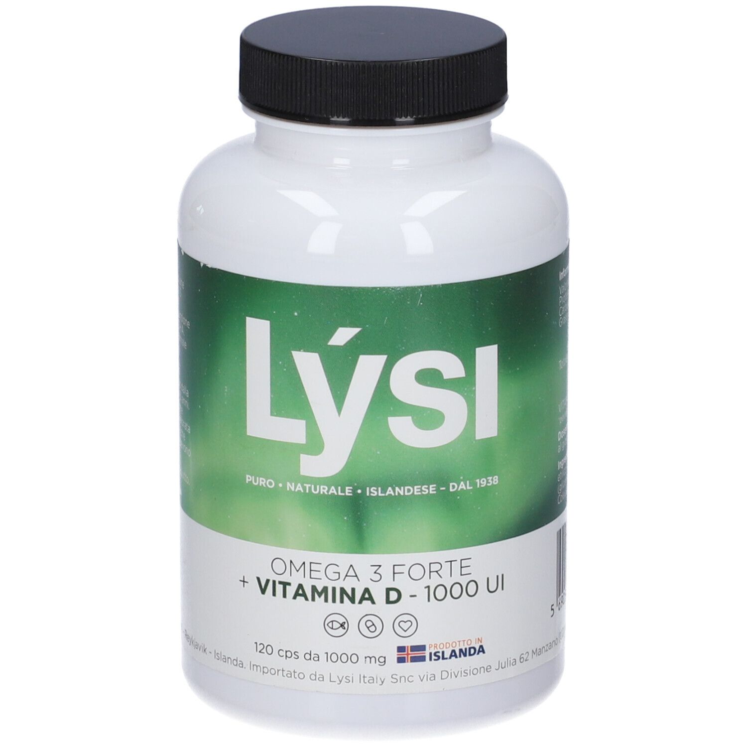Flacone bianco con tappo nero. Scritta: Lysi Omega 3 Forte + Vitamina D - 1000 UI. 120 capsule.