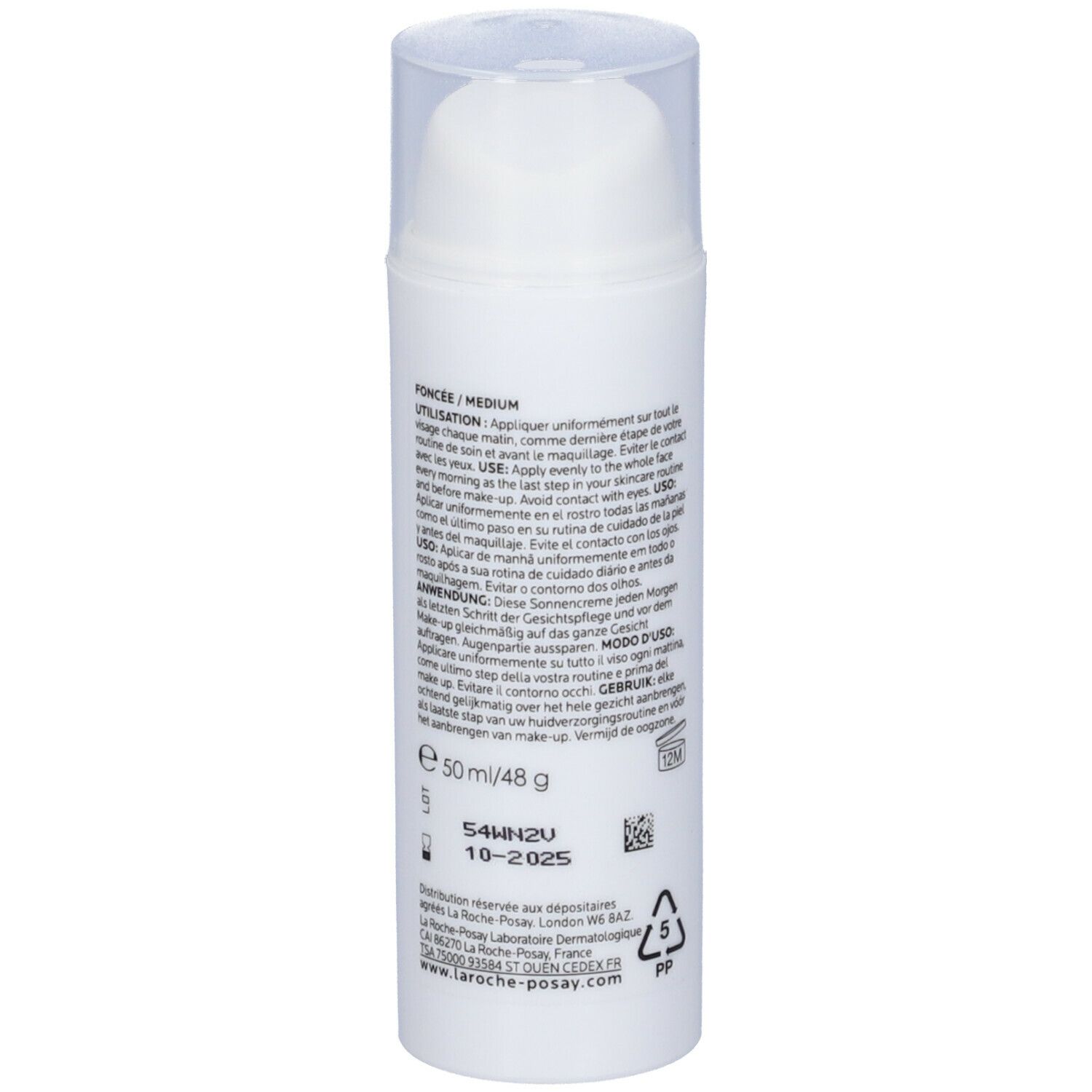 Retro di un flacone bianco con dosatore. Testo multilingue. Contiene 50 ml. Scadenza 10-2025.