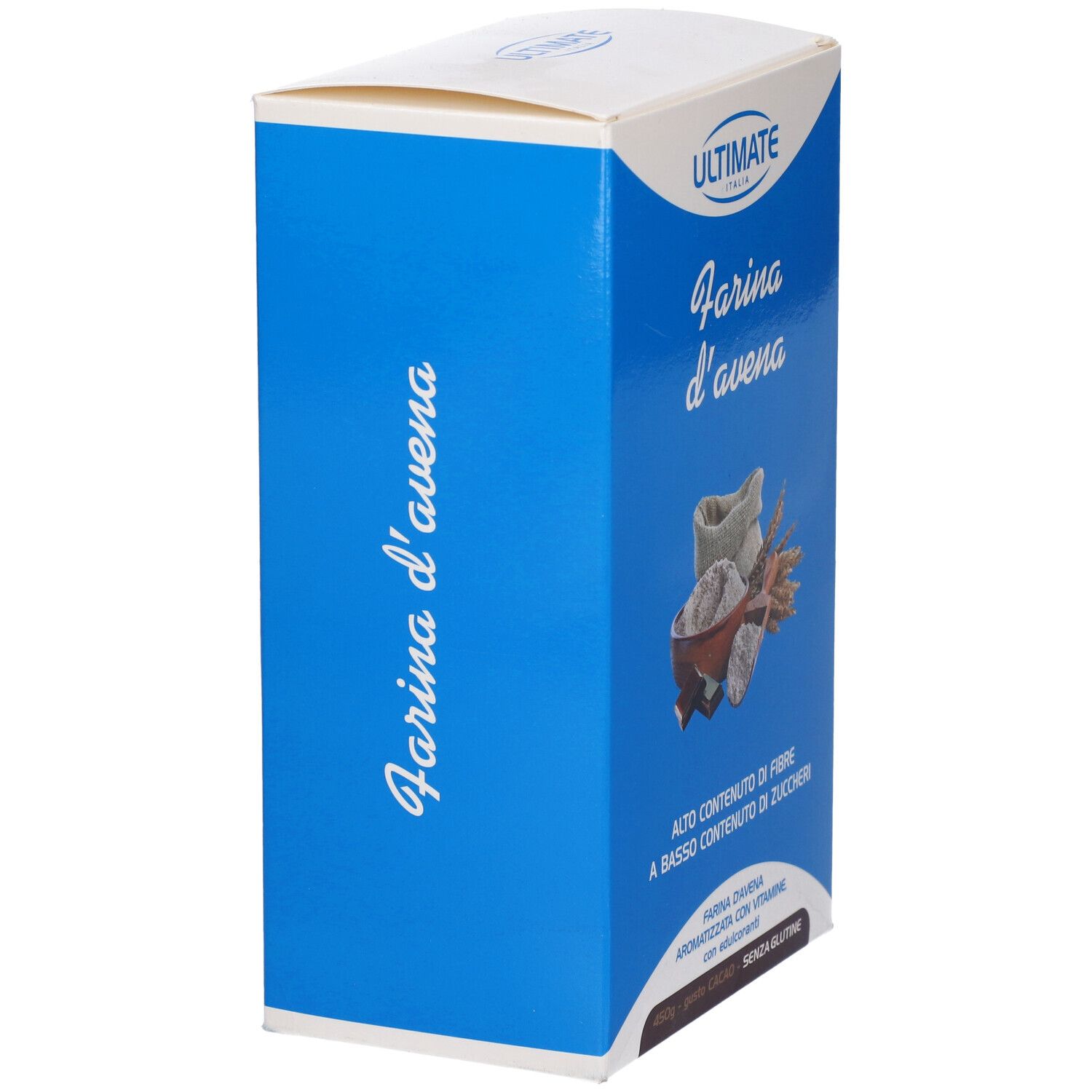 Scatola blu, vista laterale. Testo: Farina d'avena. Marchio ULTIMATE ITALIA. Testo: Alto contenuto di fibre, a basso contenuto di zuccheri.