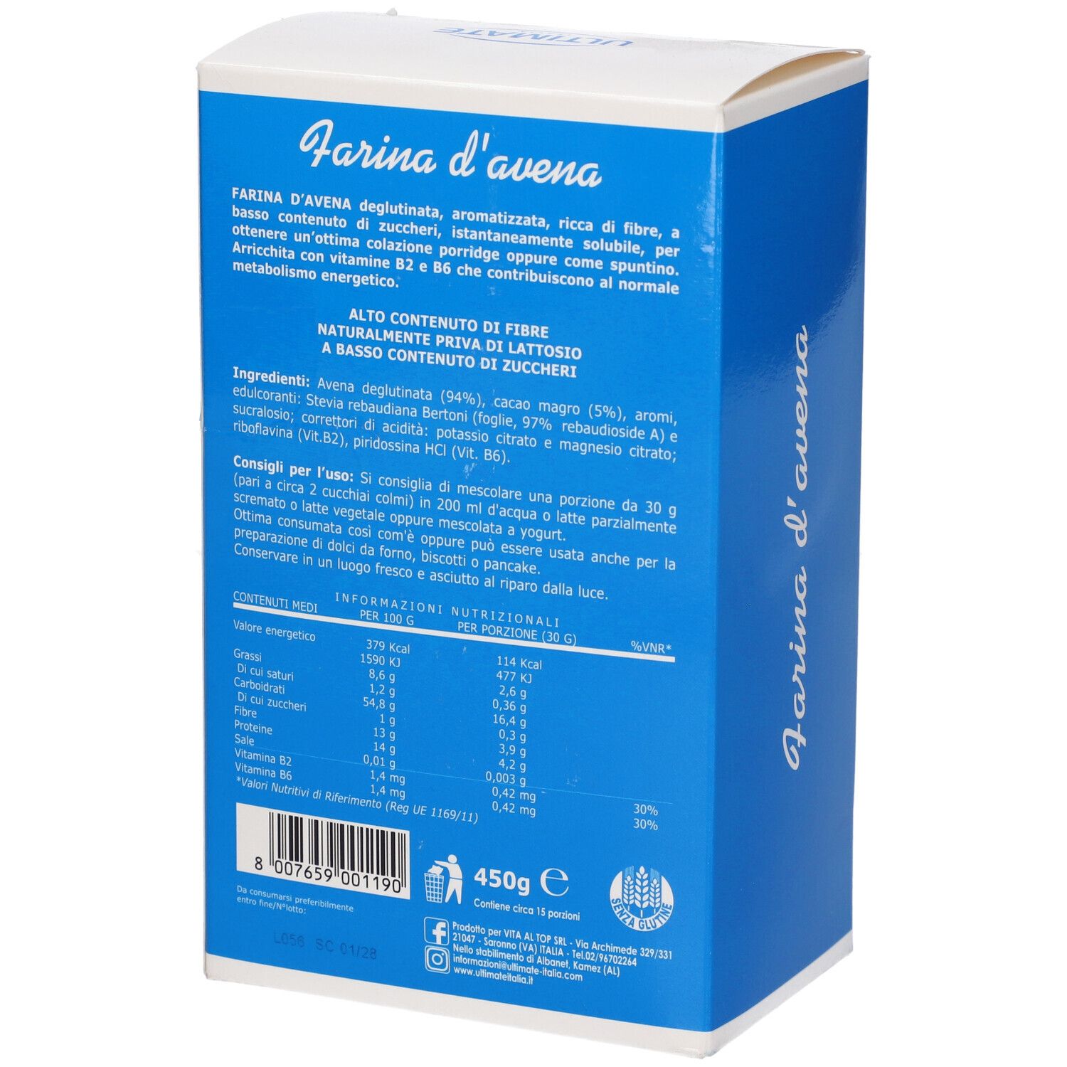 Retro della scatola blu. Testo: Farina d'avena. Elenco ingredienti, informazioni nutrizionali, 450g. Marchio ULTIMATE ITALIA.