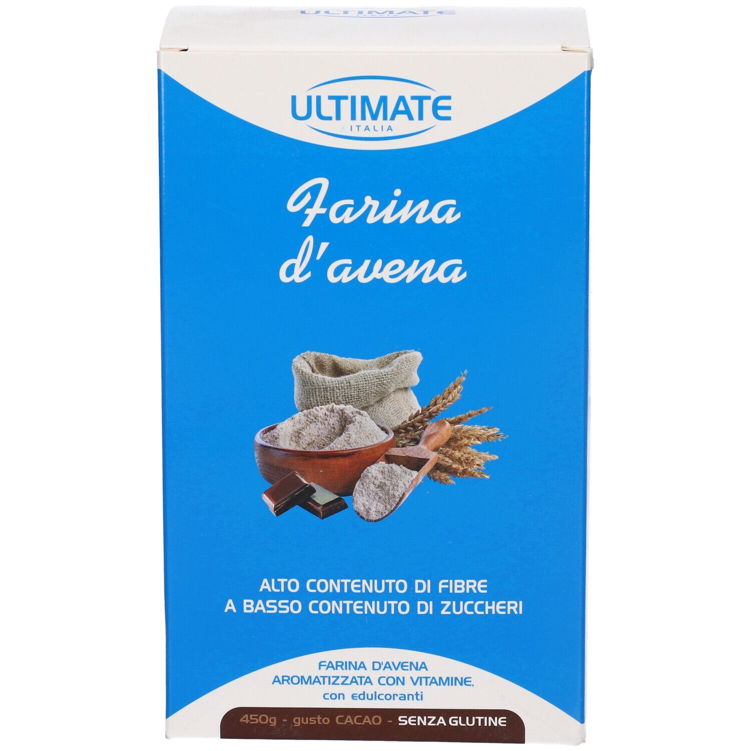 Scatola blu con immagine del prodotto. In alto: marchio ULTIMATE ITALIA. Testo: Farina d'avena. In basso: 450g, senza glutine.