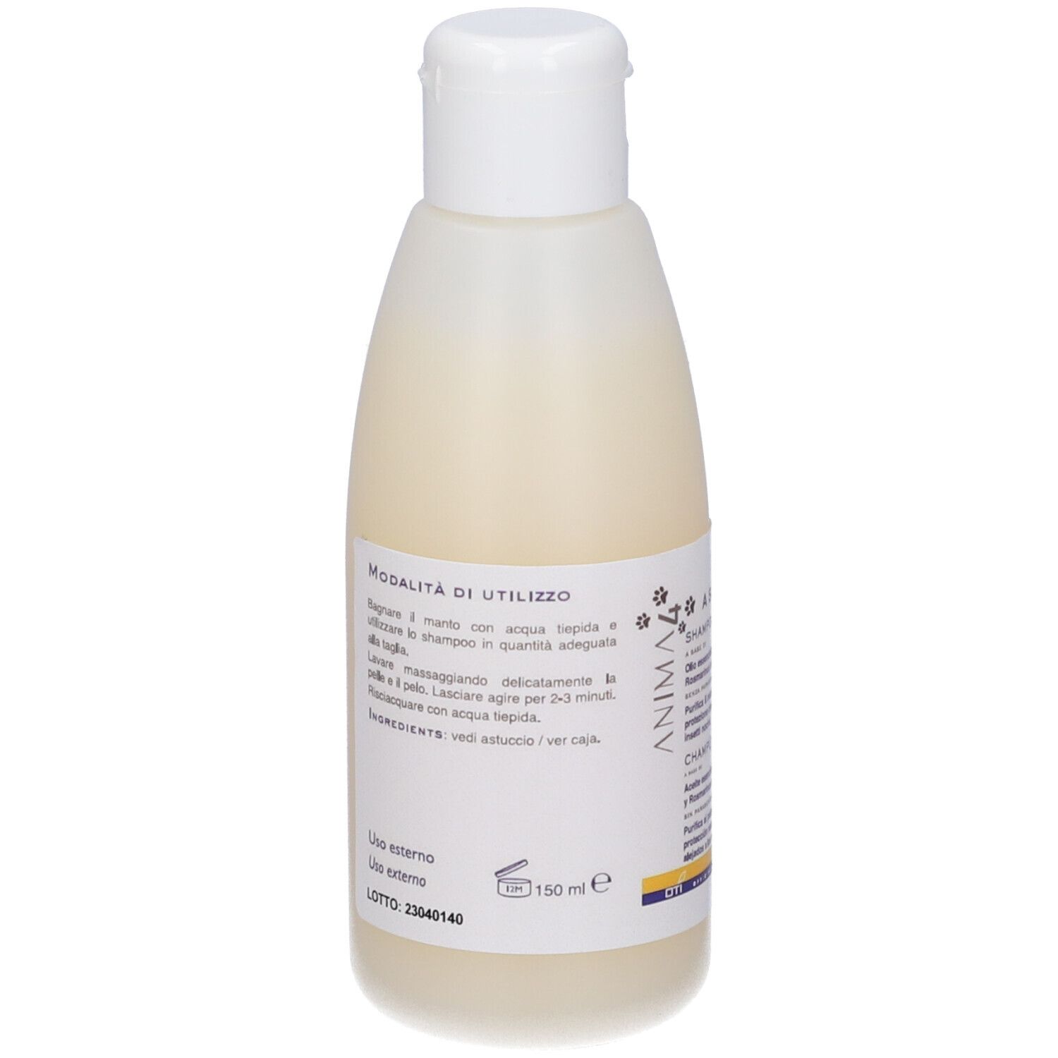 Retro del flacone di shampoo. Testo in italiano. Volume: 150 ml.