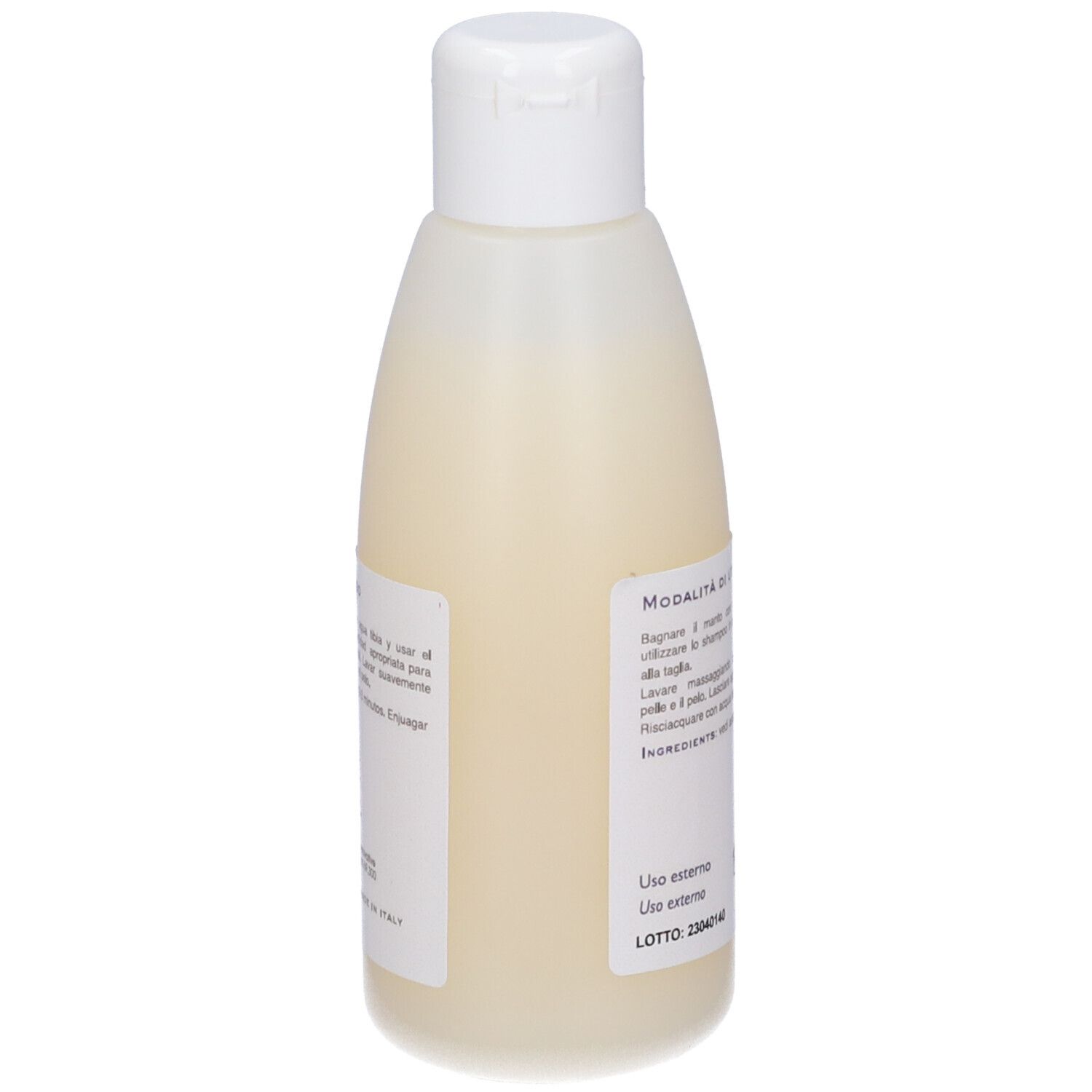 Retro del flacone di shampoo. Testo in italiano. Istruzioni per l'uso.